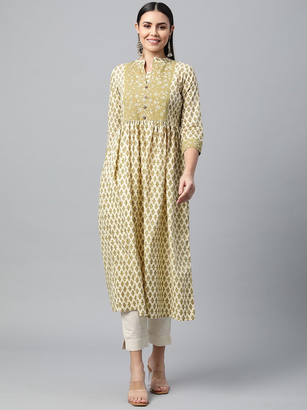 

KAMI KUBI Women Olive Green Floral Printed Anarkali Kurta