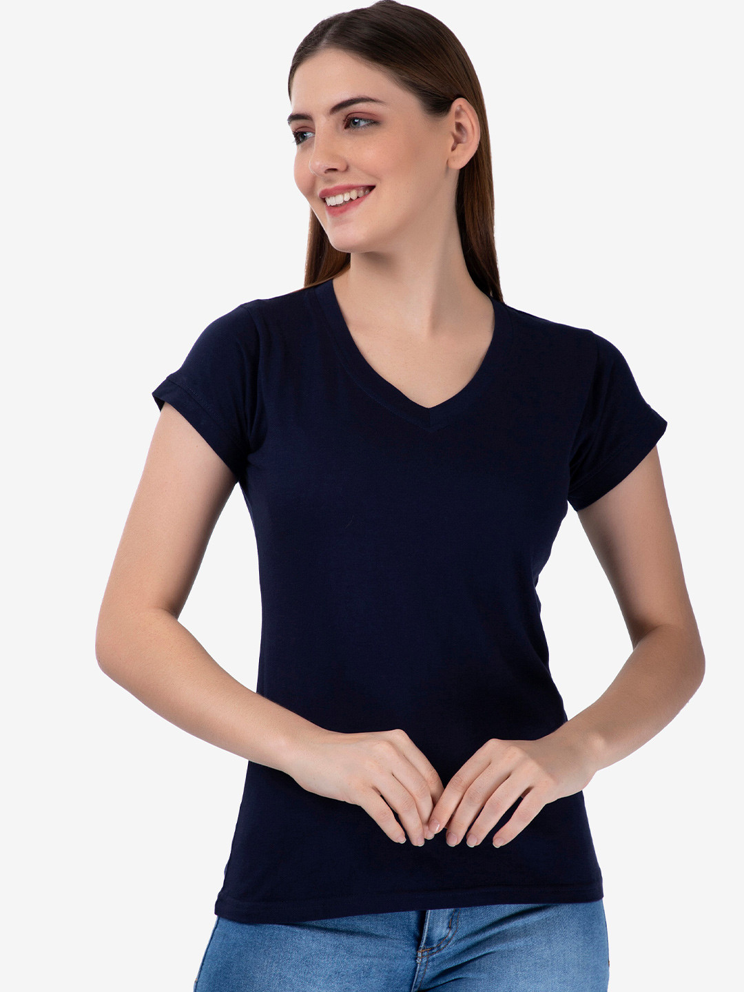 

VIVINKS Women Navy Blue V-Neck T-shirt