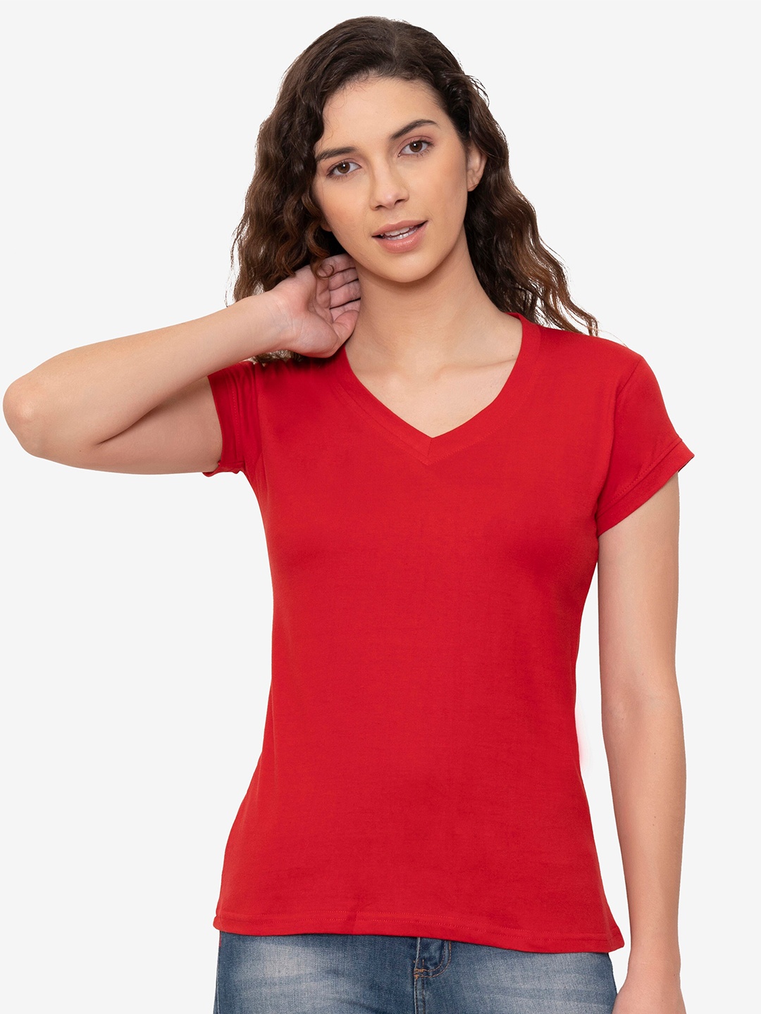 

VIVINKS Women Red V-Neck Solid T-shirt