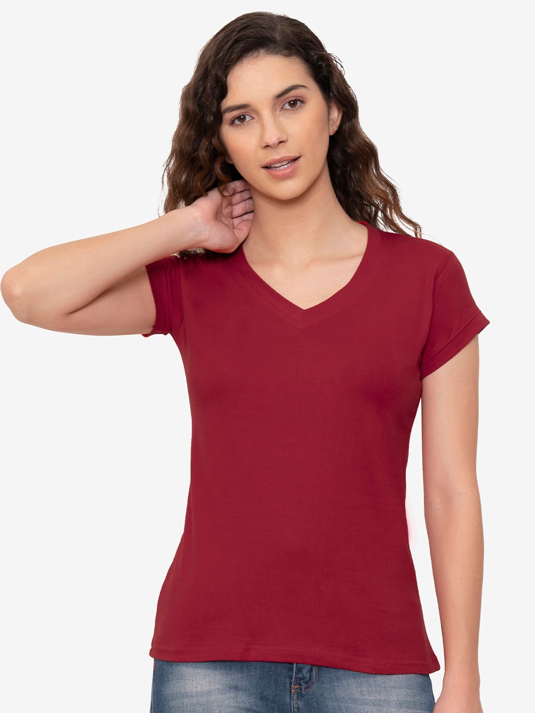 

VIVINKS Women Maroon V-Neck T-shirt