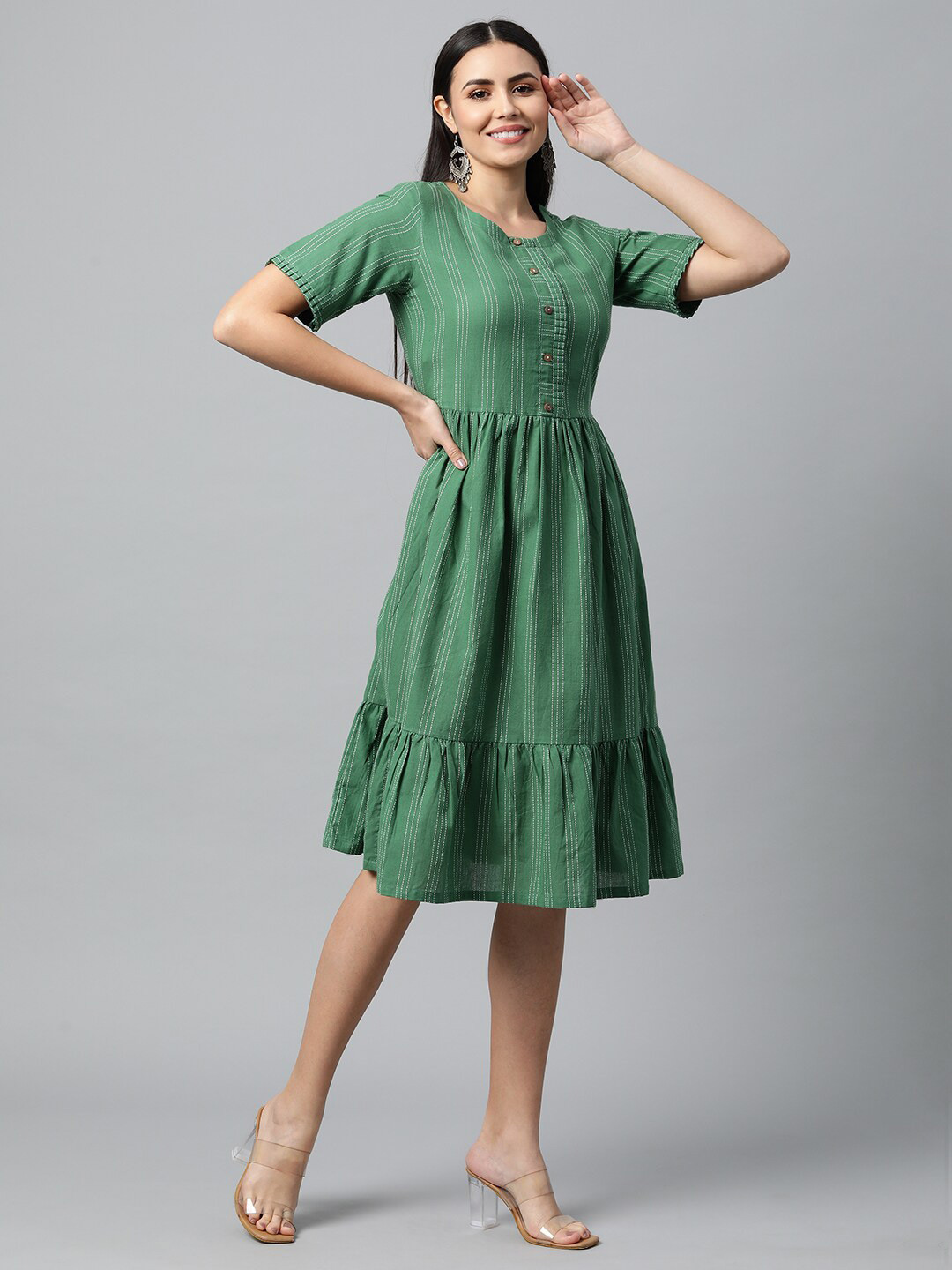 

KAMI KUBI Green & White Striped Fit and Flare Dress