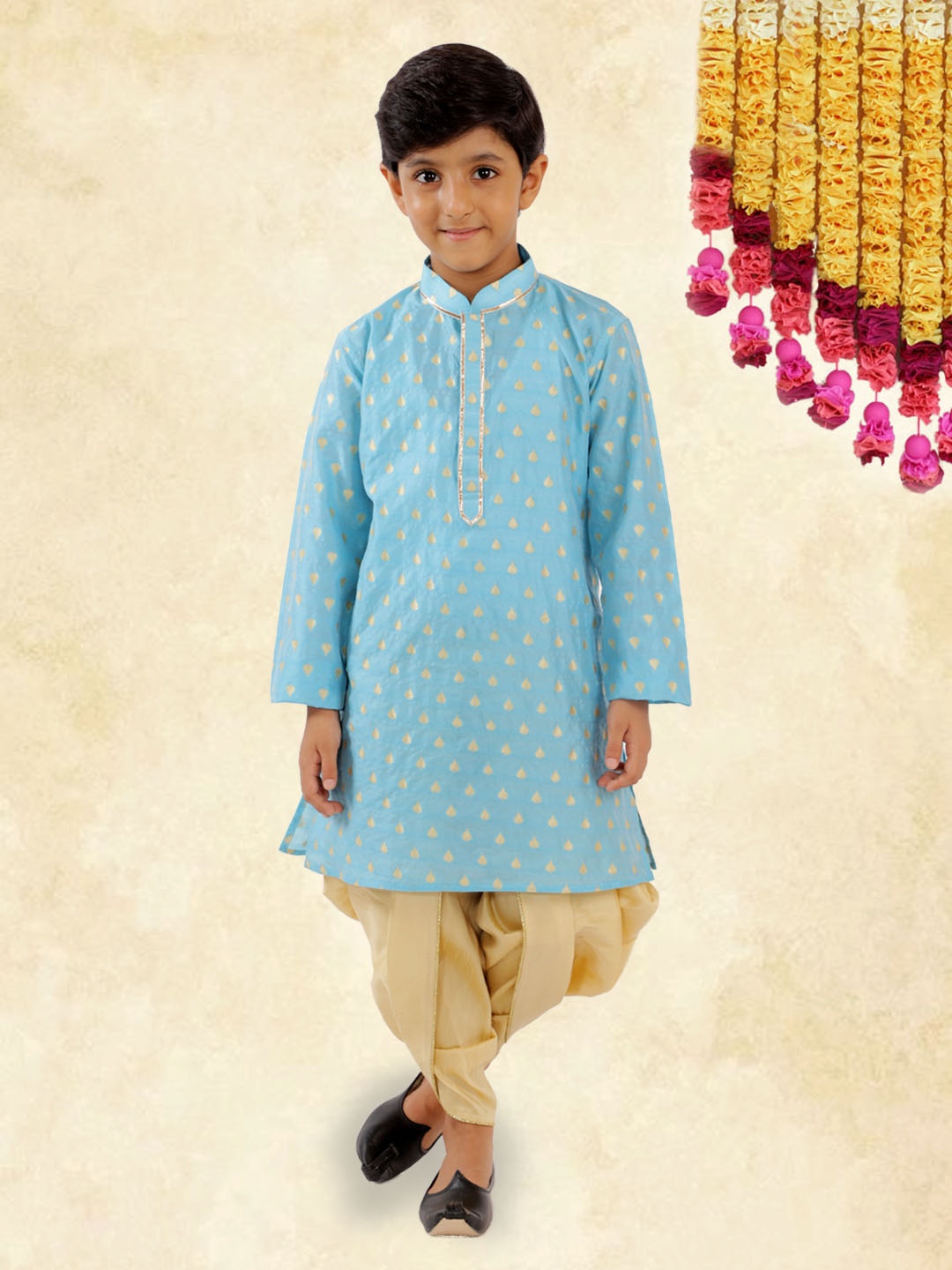 

YK Boys Blue Gota Patti Printed Mandarin Collar Kurta with Dhoti Pants