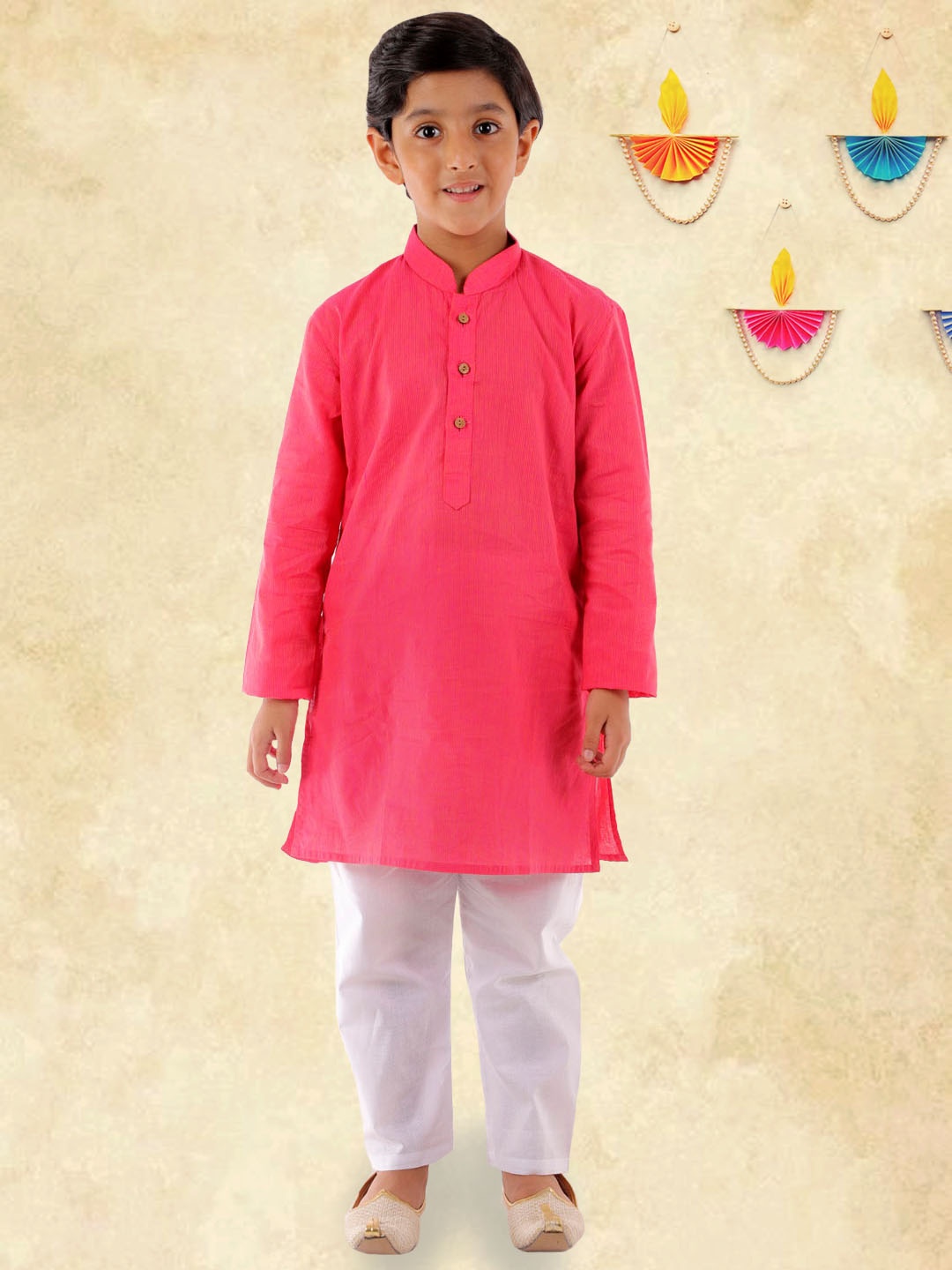 

YK Boys Pink Straight Mandarin Collar Kurta with White Pyjama