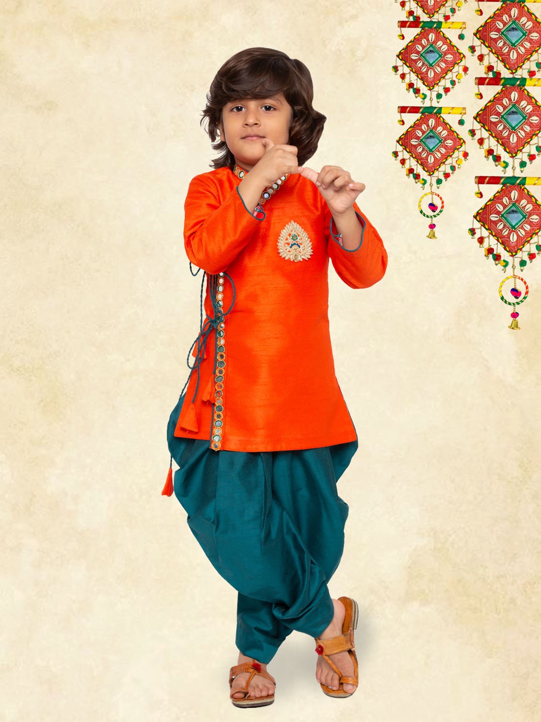

YK Boys Orange Mirror Work Embroidered Kurta with Dhoti Pants