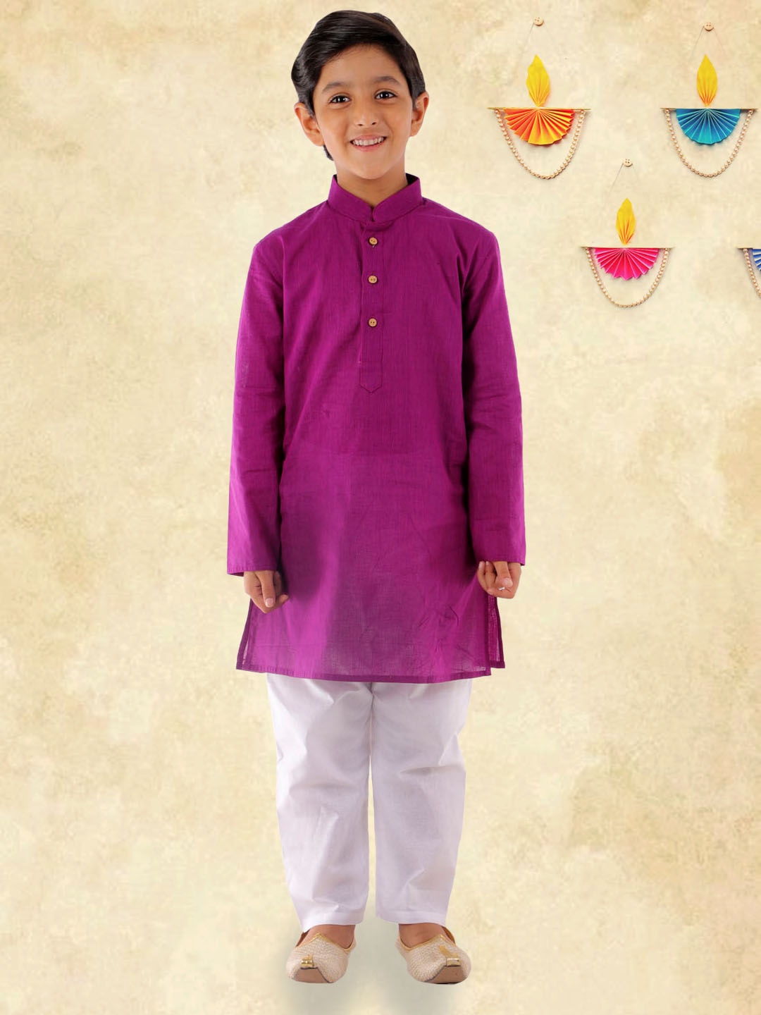 

YK Boys Purple Straight Mandarin Collar Cotton Kurta with Pyjama