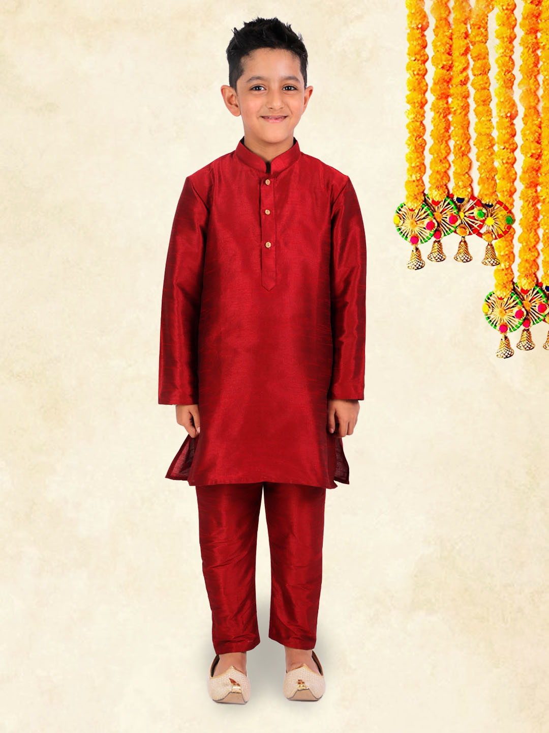 

YK Boys Maroon Straight Mandarin Collar Kurta with Pyjama