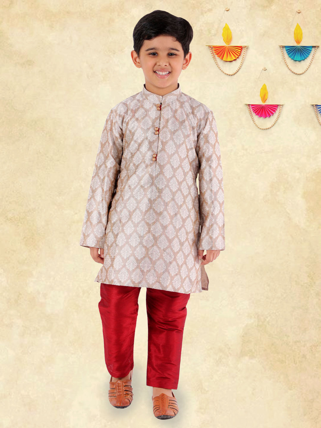 

YK Boys Beige Ethnic Motifs Mandarin Collar Straight Kurta with Pyjama