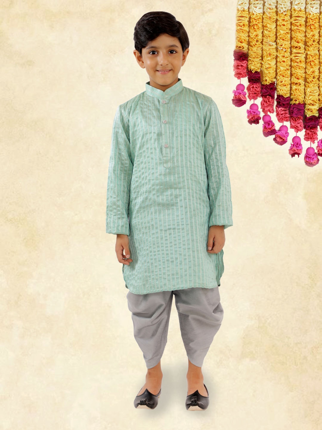 

YK Boys Turquoise Green Straight Mandarin Collar Cotton Kurta with Pyjama