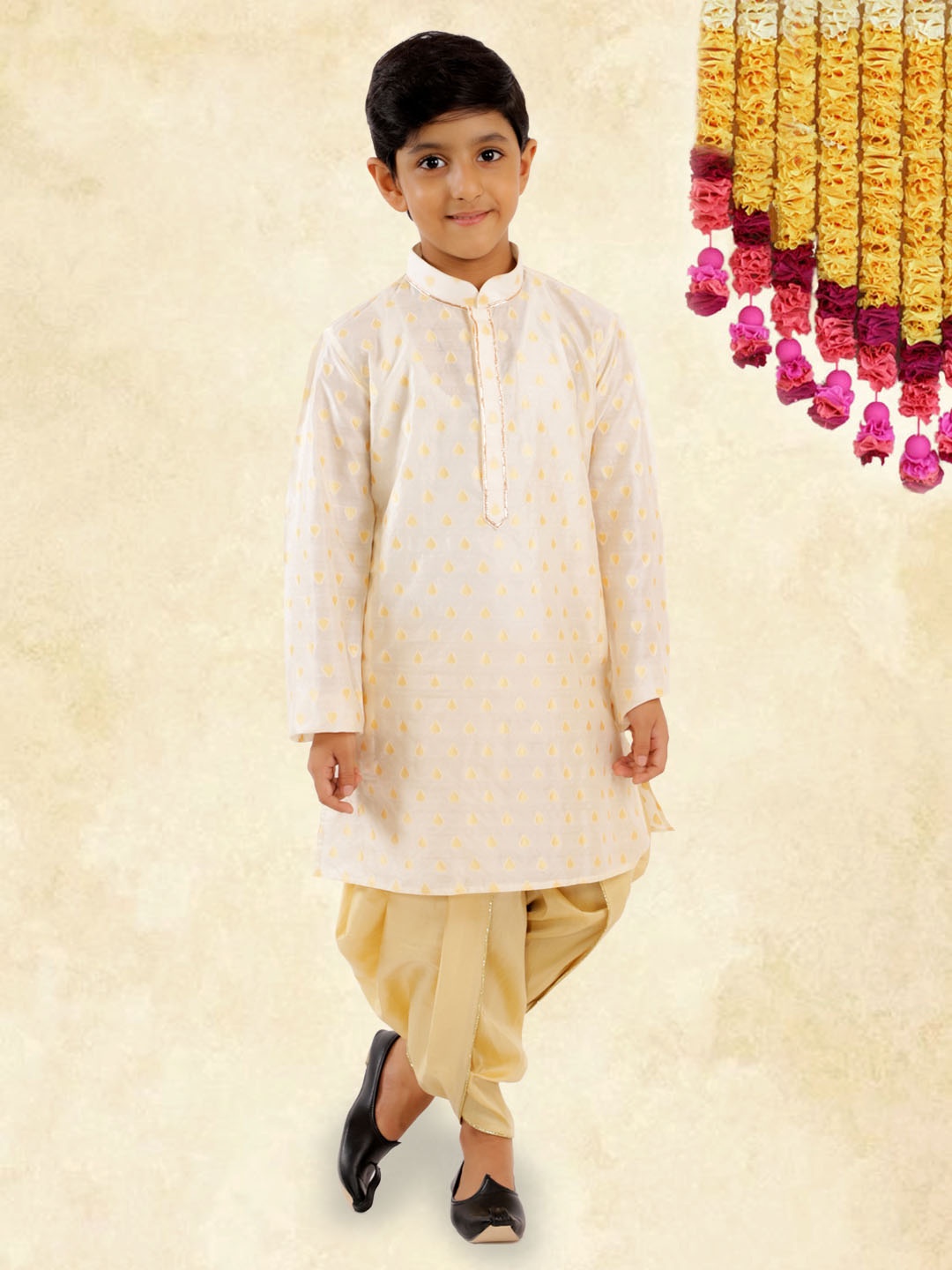 

YK Boys Cream Coloured Ethnic Motif Kurta With Dhoti Pants