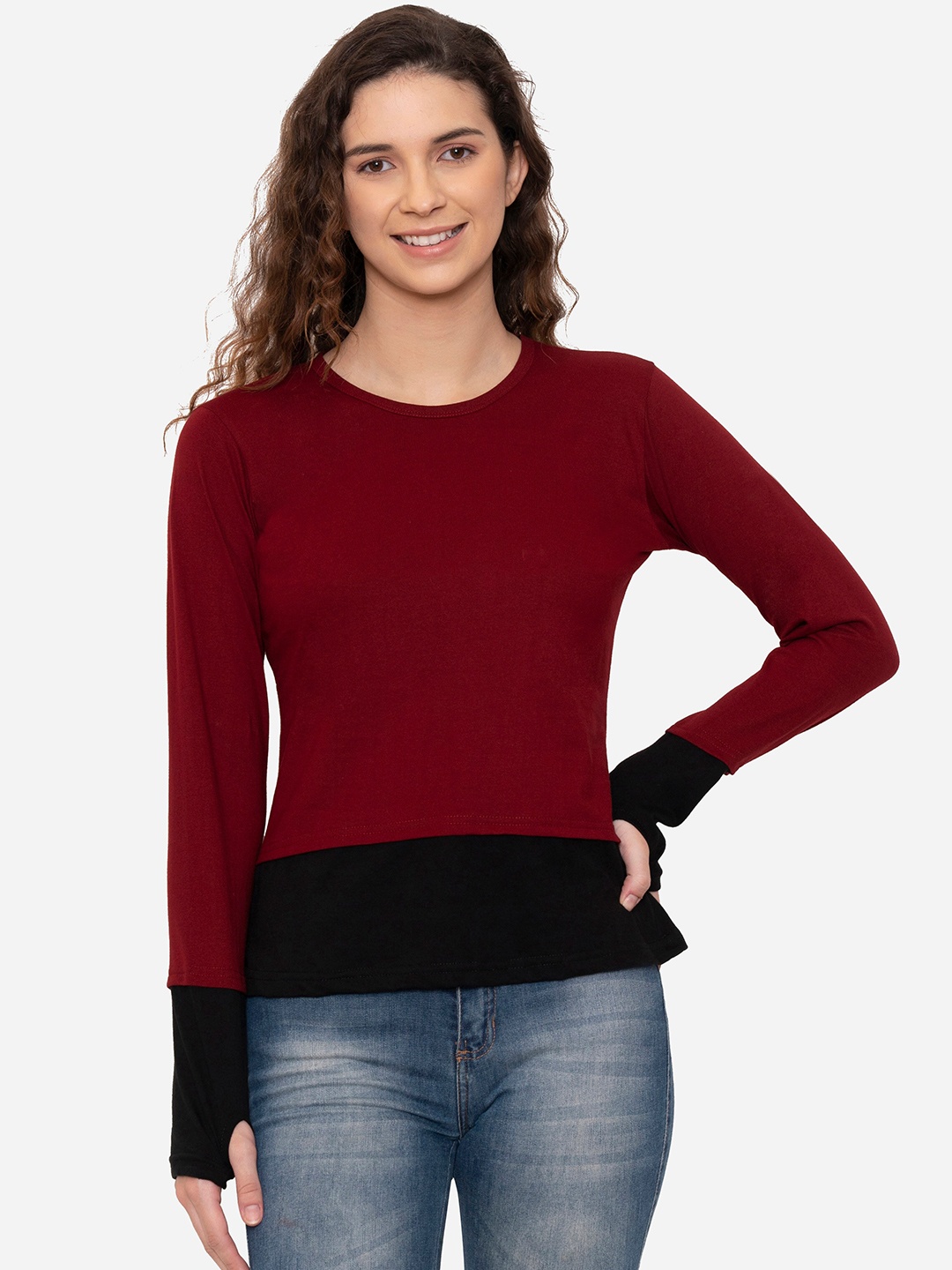 

VIVINKS Women Maroon & Black Colourblocked T-shirt