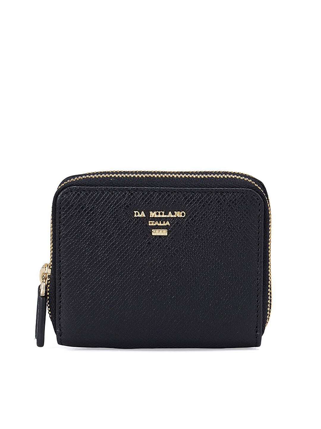 

Da Milano Women Black & Gold-Toned Textured Leather Zip Around Wallet