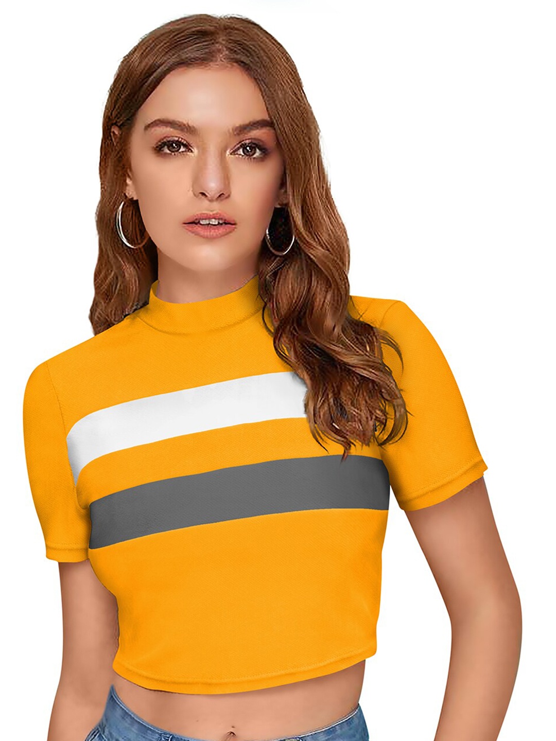 

FAVRIZ Women Yellow Colourblocked Crop Top