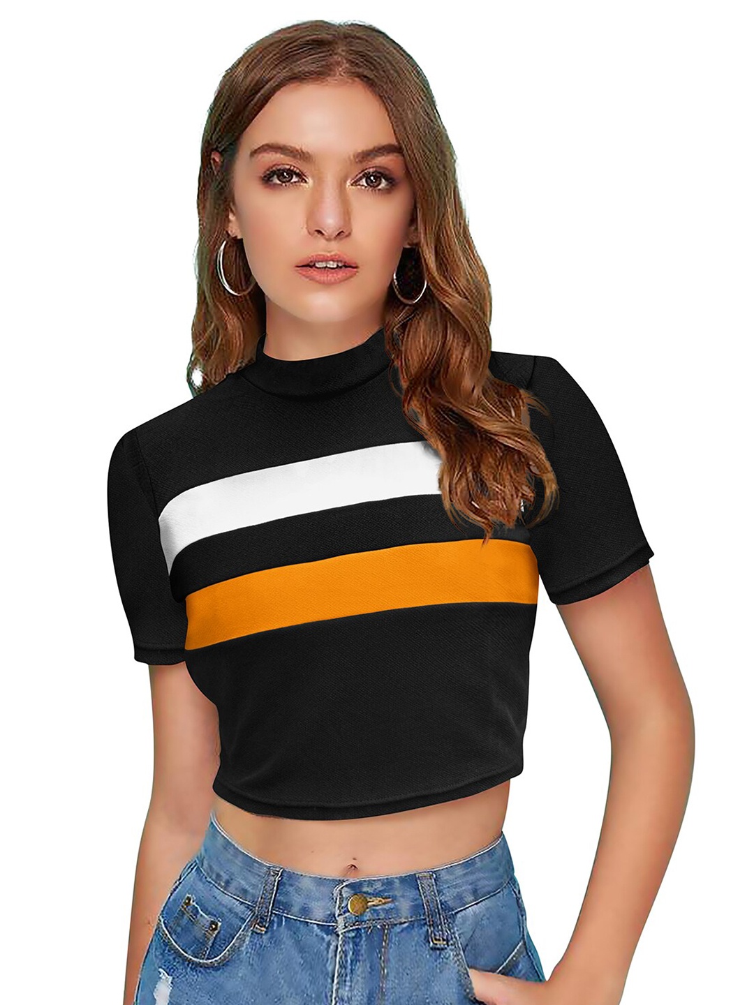 

FAVRIZ Women Black & White Colourblocked Crop Top