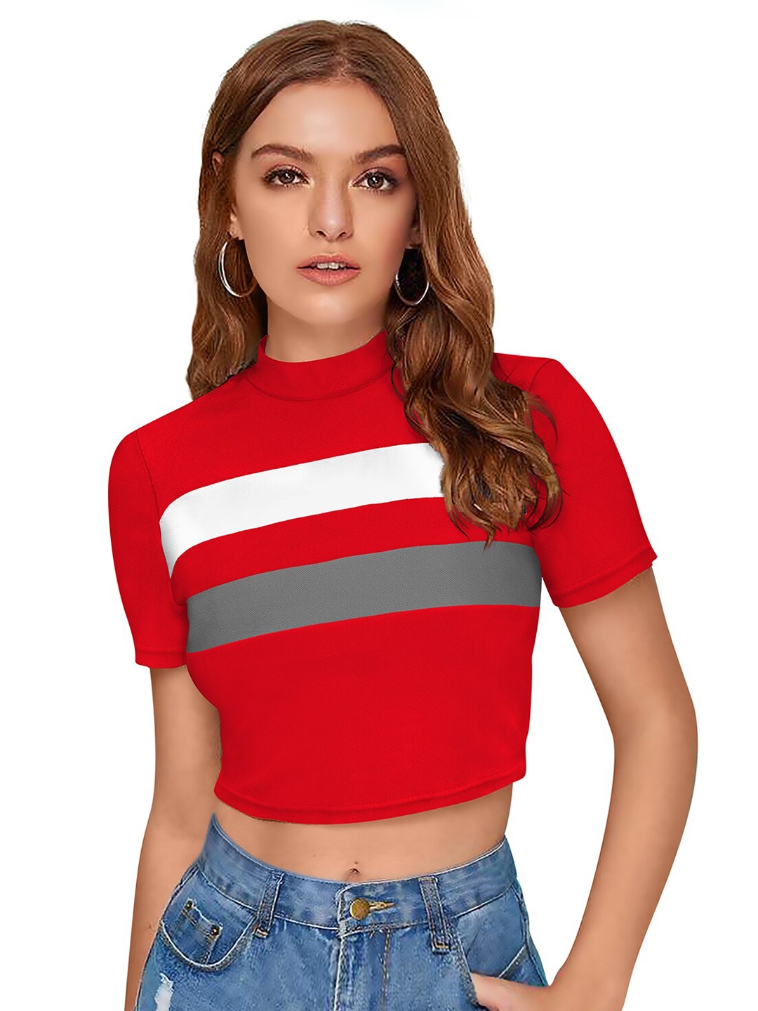 

FAVRIZ Red & Grey Striped Crop Top