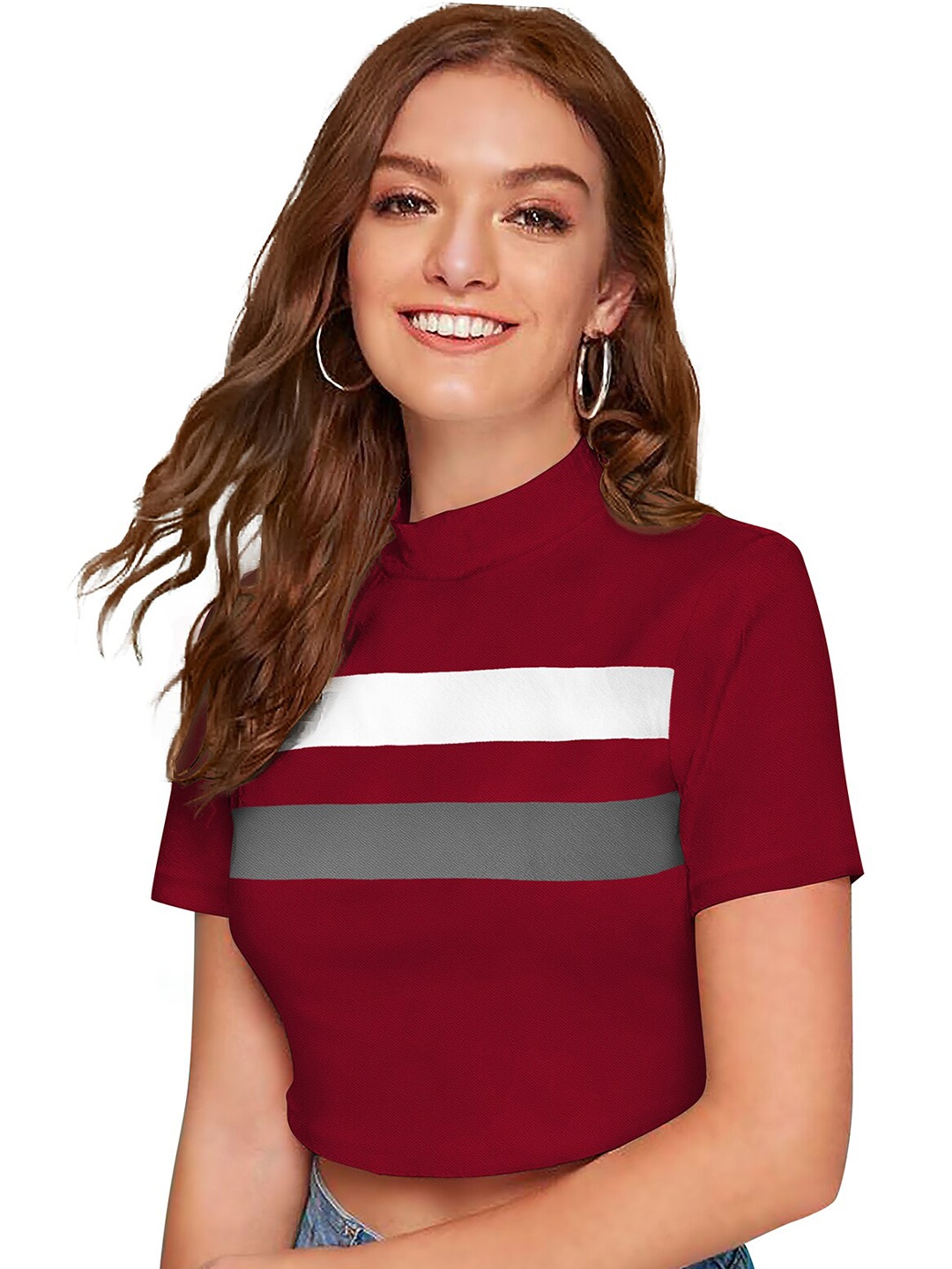 

FAVRIZ Women Maroon Striped Crop Top