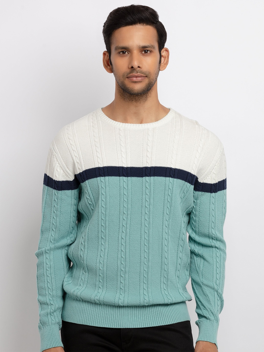 

Status Quo Men Turquoise Blue & Off White Cable Knit Colourblocked Pullover