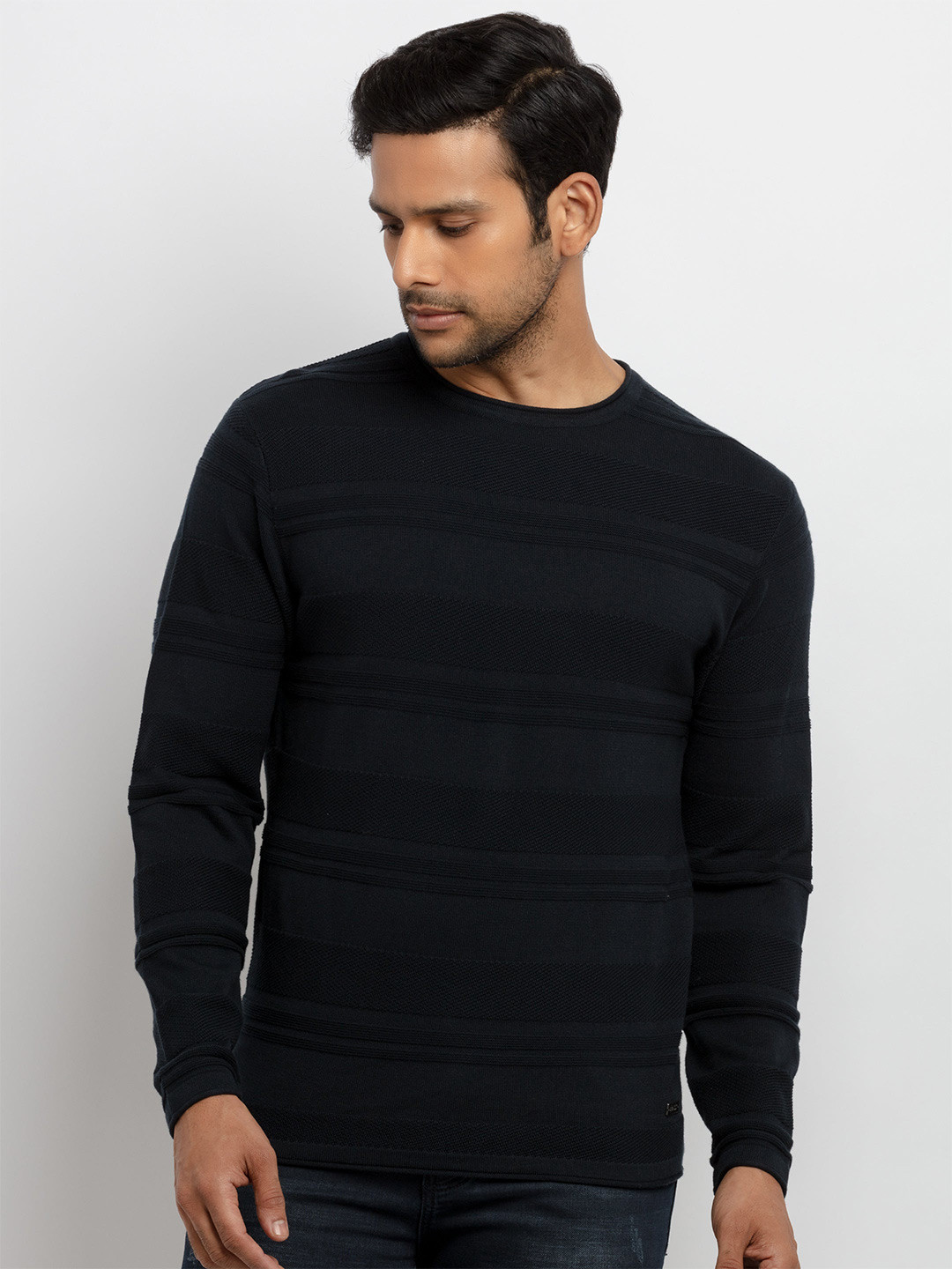 

Status Quo Men Navy Blue Cable Knit Round Neck Sweater