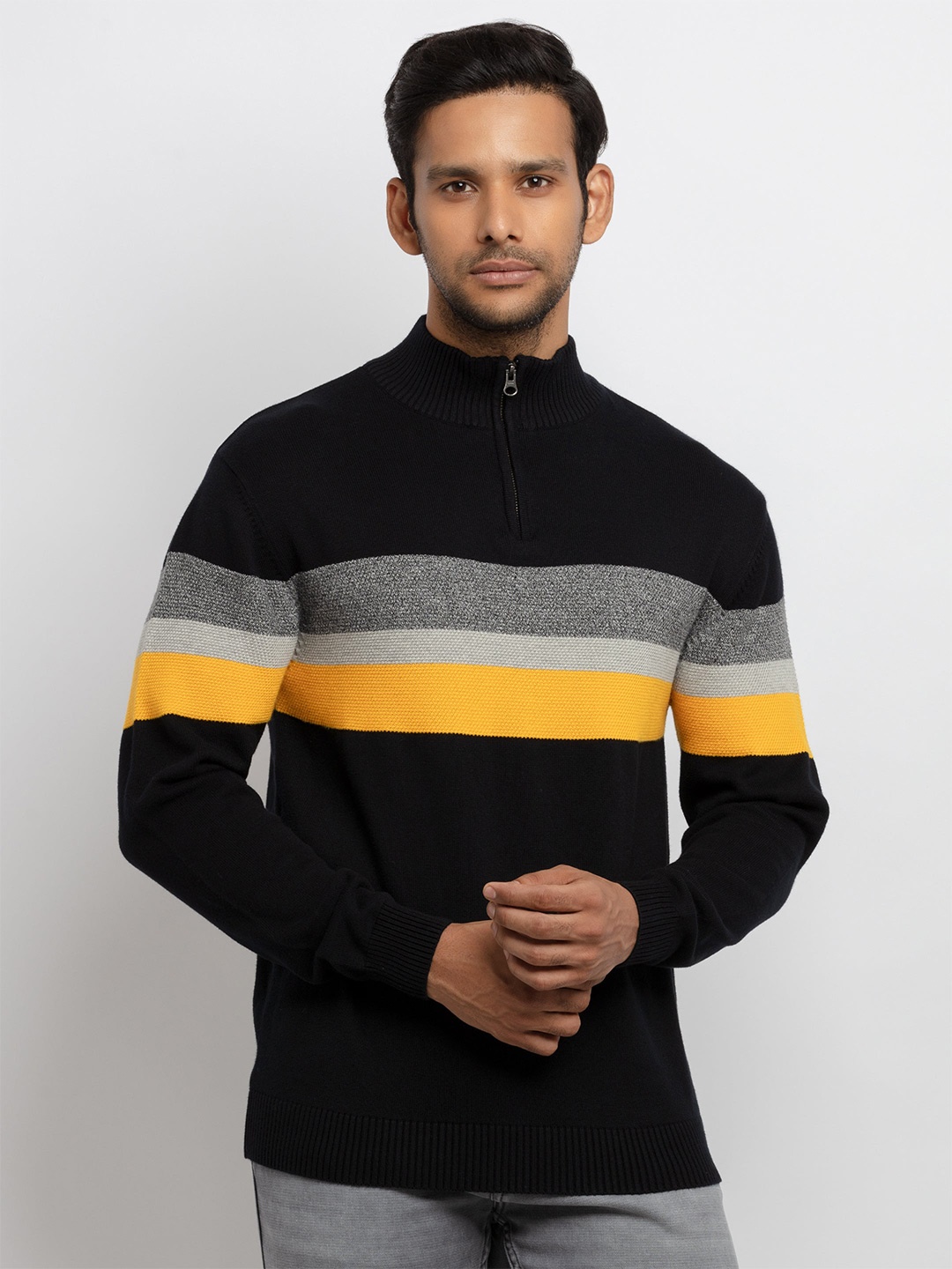 

Status Quo Men Black & Yellow Striped Sweater Vest