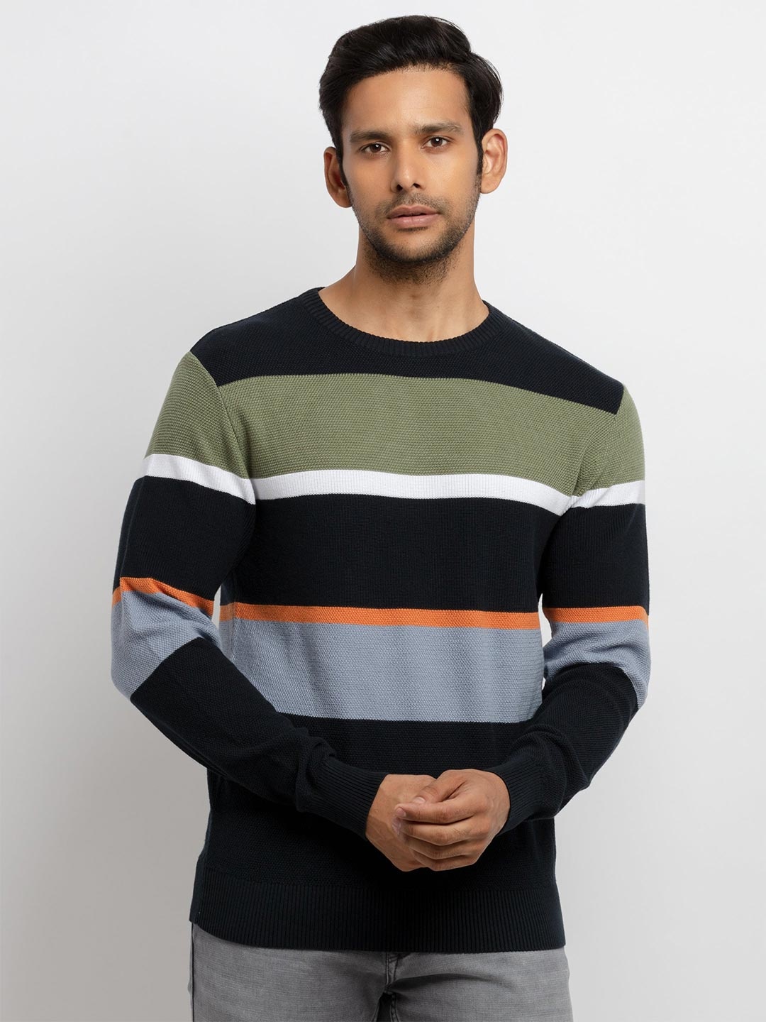 

Status Quo Men Navy Blue & Green Striped Pullover
