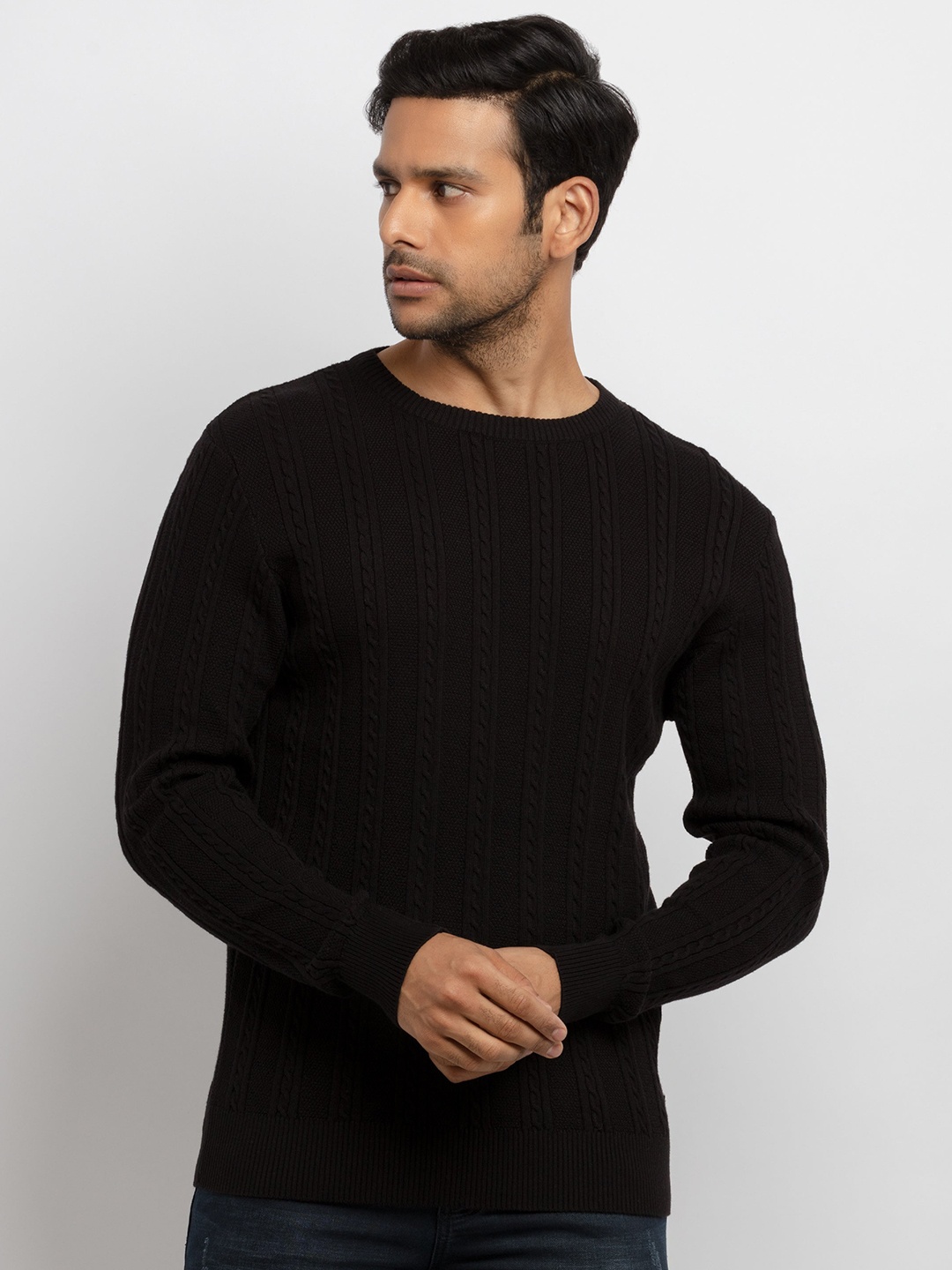 

Status Quo Men Black Cable Knit Pullover