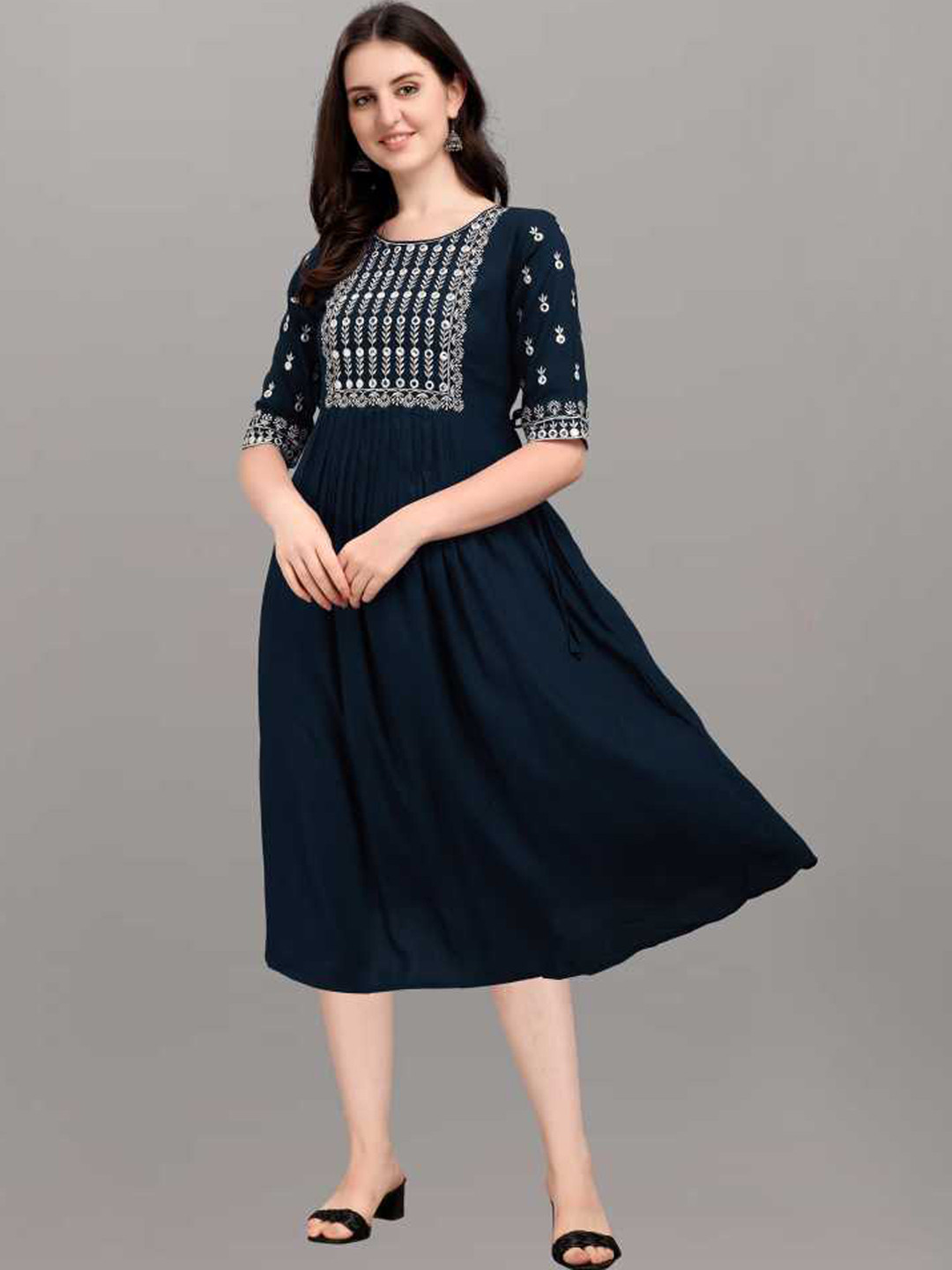 

FAVRIZ Women Blue Floral Yoke Design Mirror Work Anarkali Kurta
