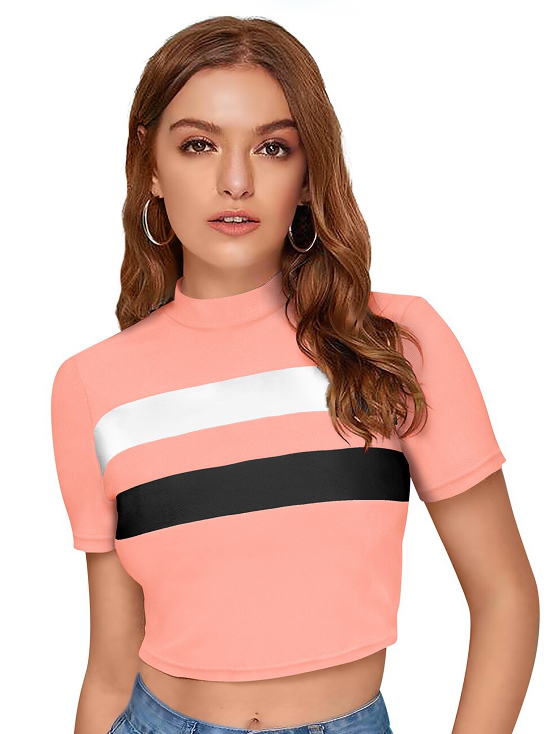 

FAVRIZ Peach-Coloured Colourblocked Crop Top