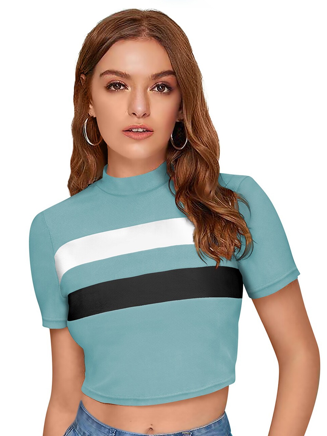 

FAVRIZ Turquoise Blue Striped Crop Top