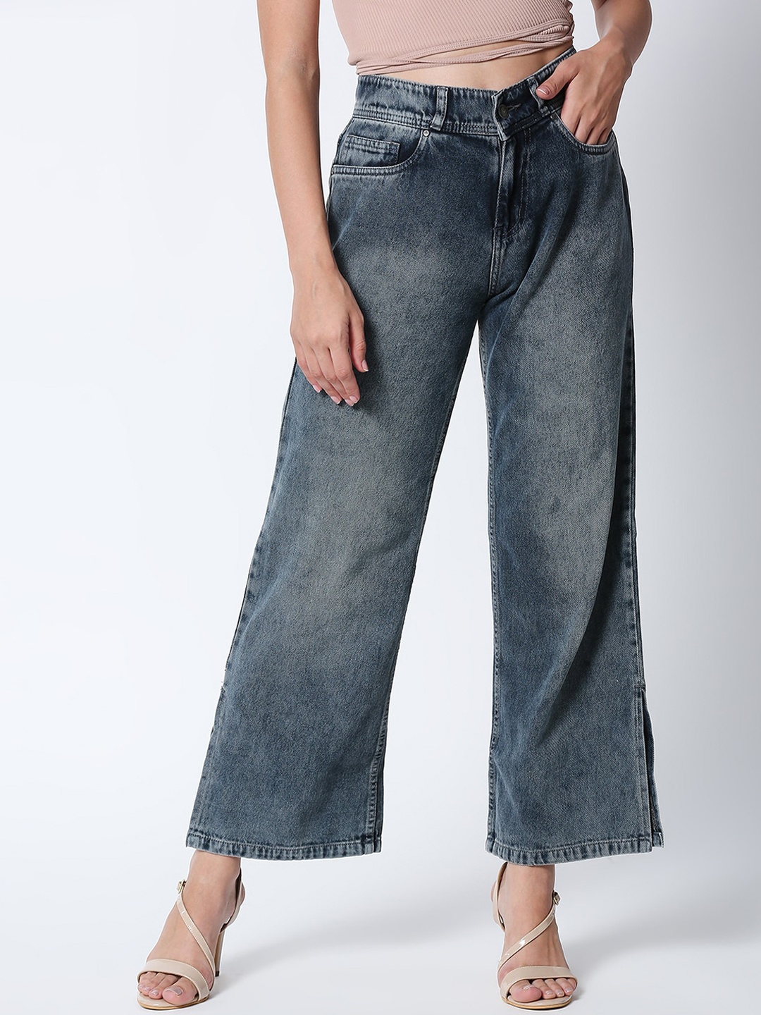 

High Star Women Grey Wide Leg High-Rise Heavy Fade Jeans