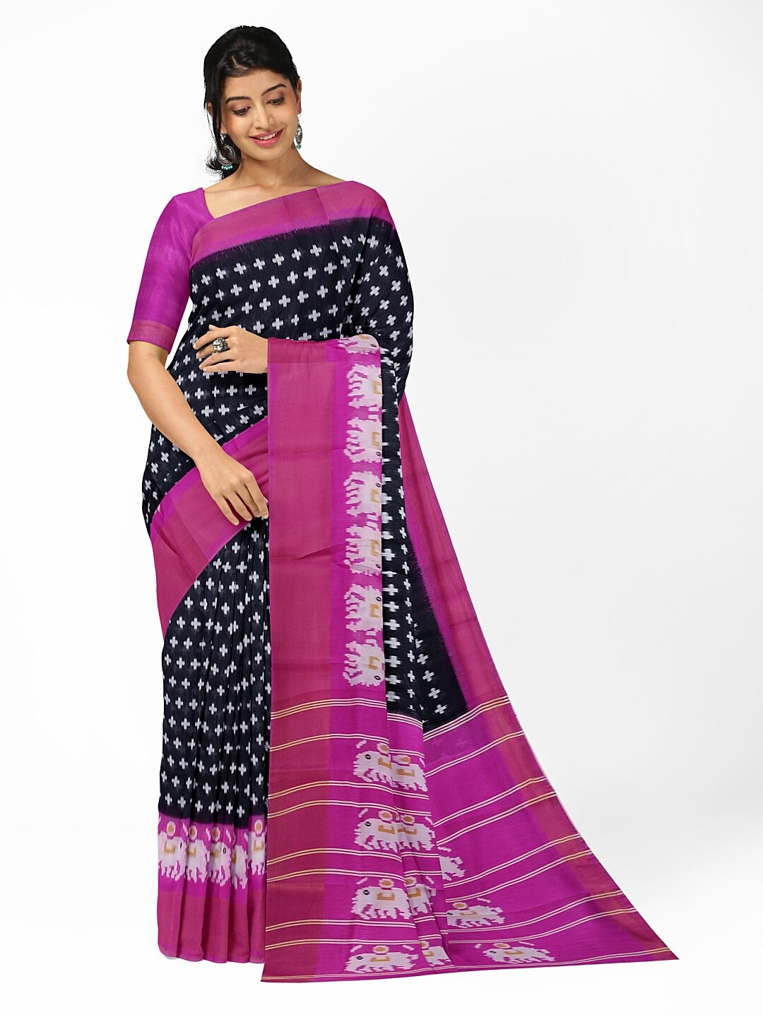 

KALINI Black & White Kalamkari Silk Blend Bhagalpuri Saree