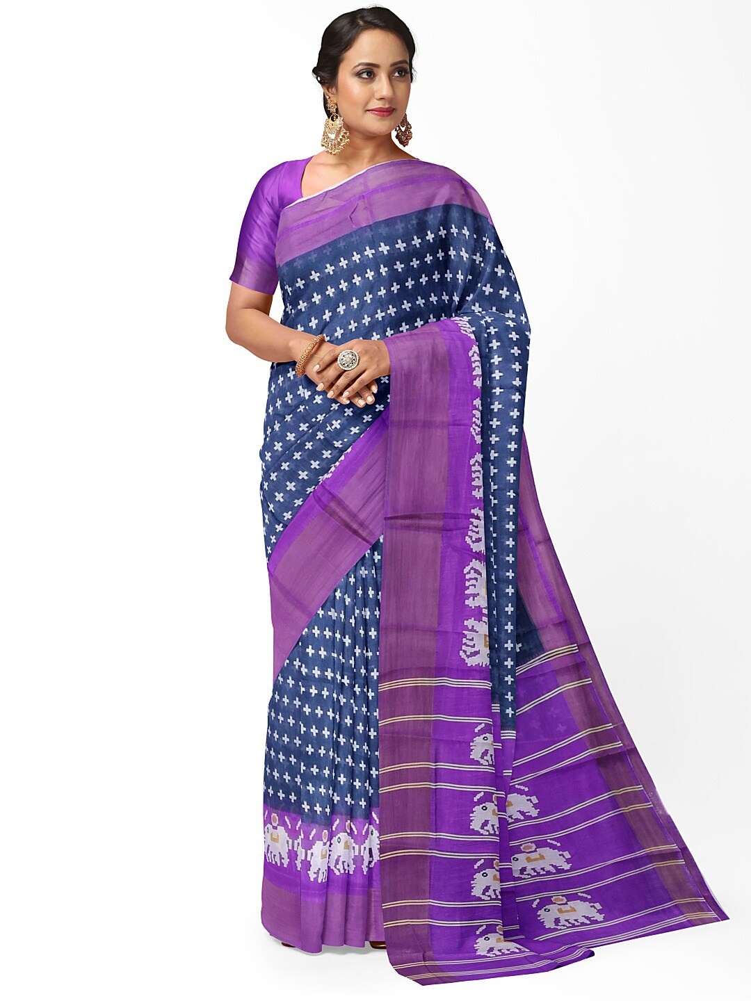 

KALINI Women Blue & Purple Kalamkari Silk Blend Bhagalpuri Saree