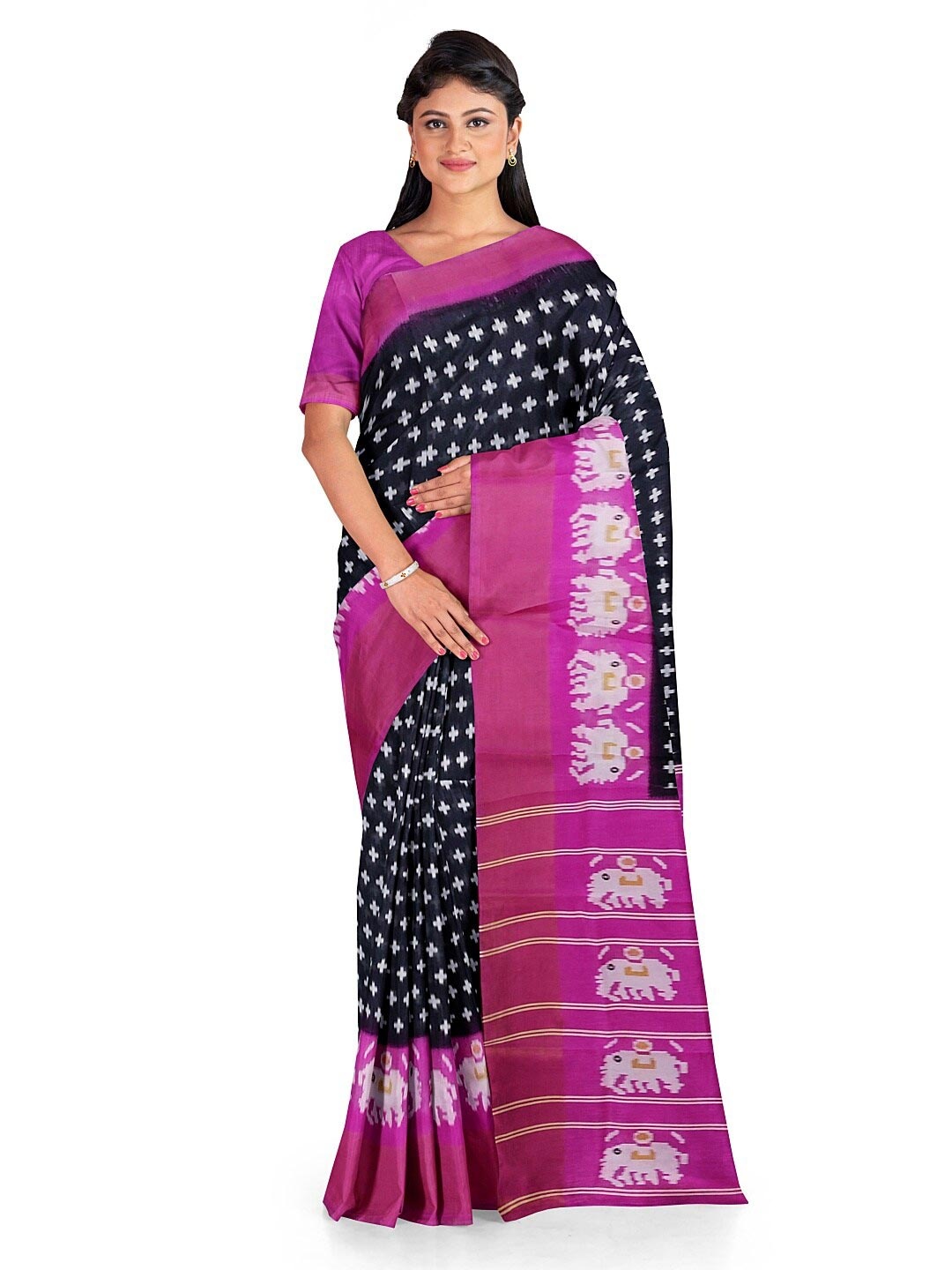 

KALINI Black & Pink Kalamkari Silk Blend Bhagalpuri Saree