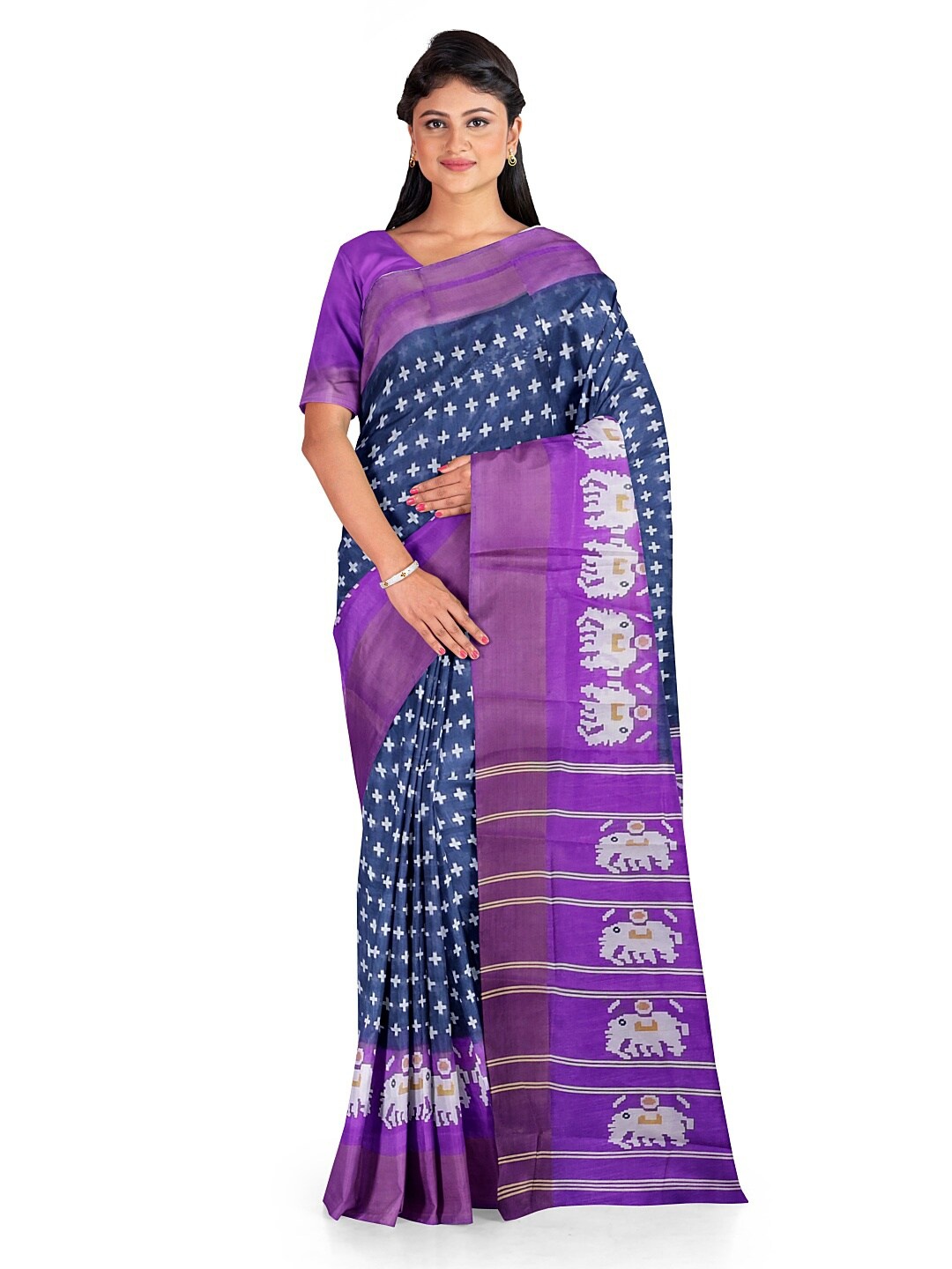 

KALINI Grey & Purple Ethnic Motifs Silk Blend Bhagalpuri Saree