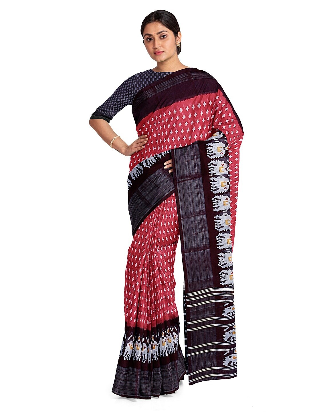 

KALINI Peach & Black Kalamkari Bhagalpuri Saree