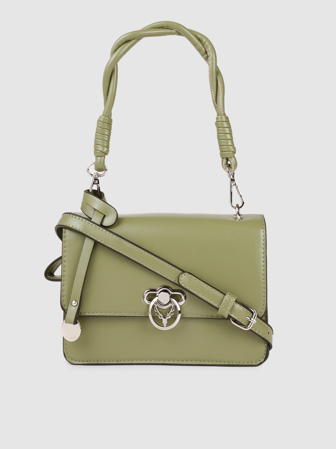 

Allen Solly Green Solid PU Regular Structured Satchel with Brand Logo Tasselled Detail