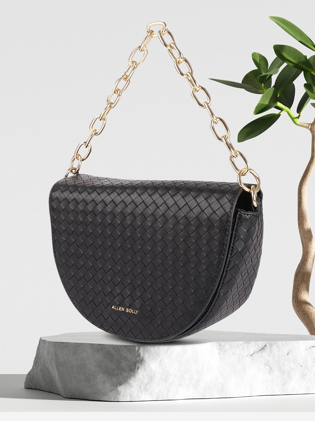 

Allen Solly Women Black Textured Half Moon Satchel