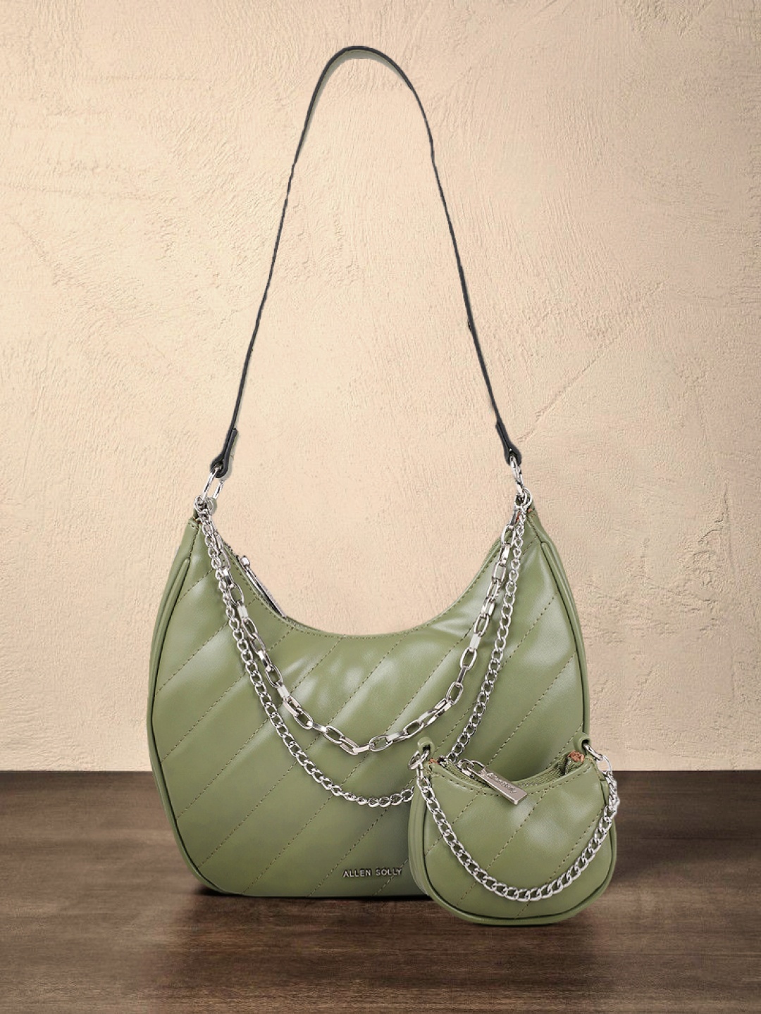 

Allen Solly Green Textured PU Structured Hobo Bag with Quilted Detail & Small Handheld Bag