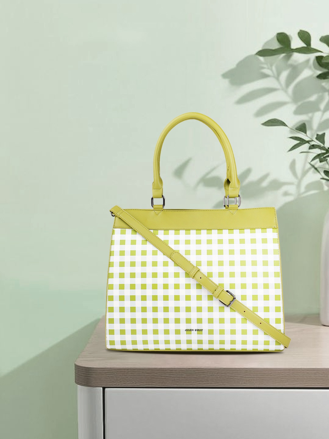

Allen Solly Green & White Checked Handheld Bag