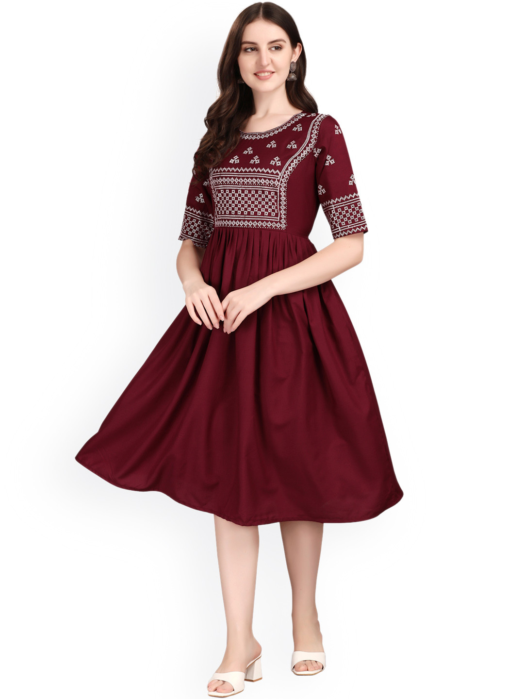 

FAVRIZ Floral Embroidered Dress, Burgundy