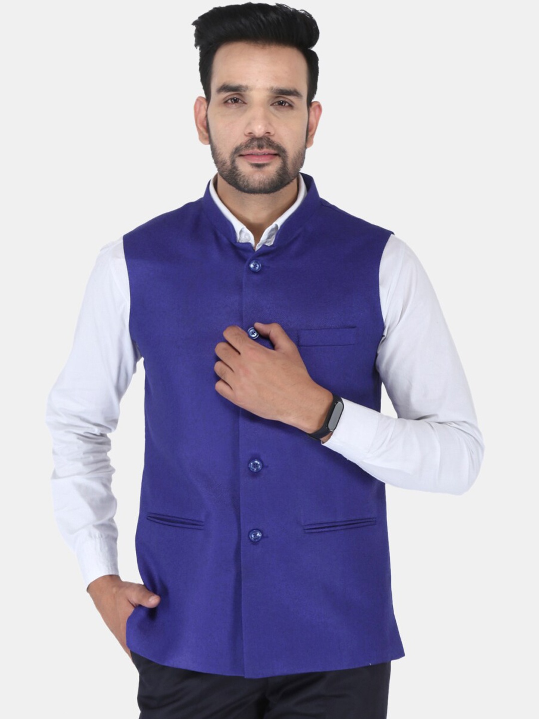 

UNCRAZY Men Blue Solid Jute Cotton Woven Nehru Jackets