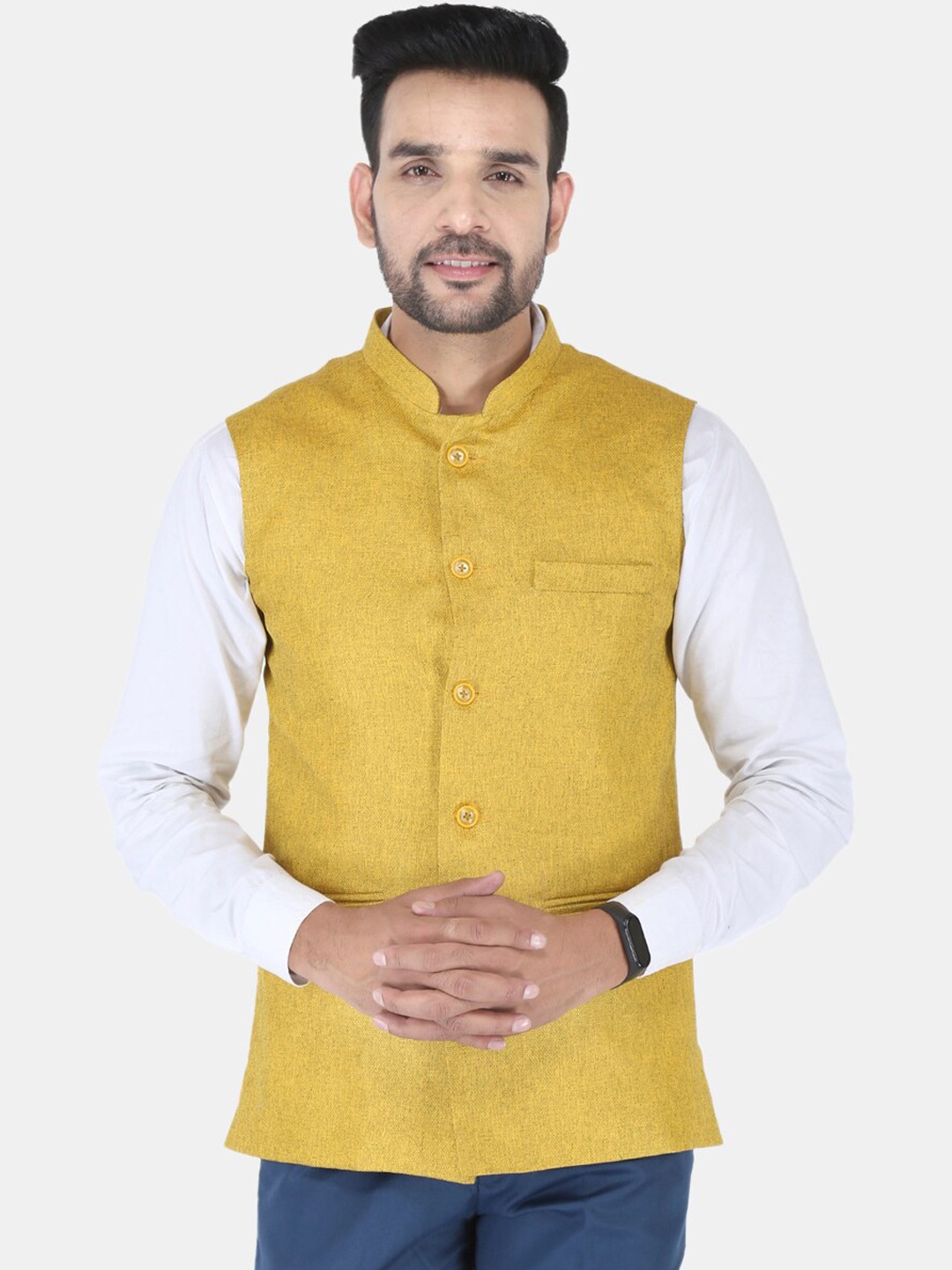 

UNCRAZY Men Mustard-Yellow Solid Woven-Design Nehru Jackets