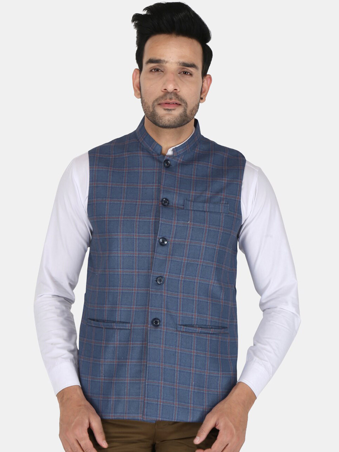 

UNCRAZY Men Blue Checked Woven Nehru Jacket