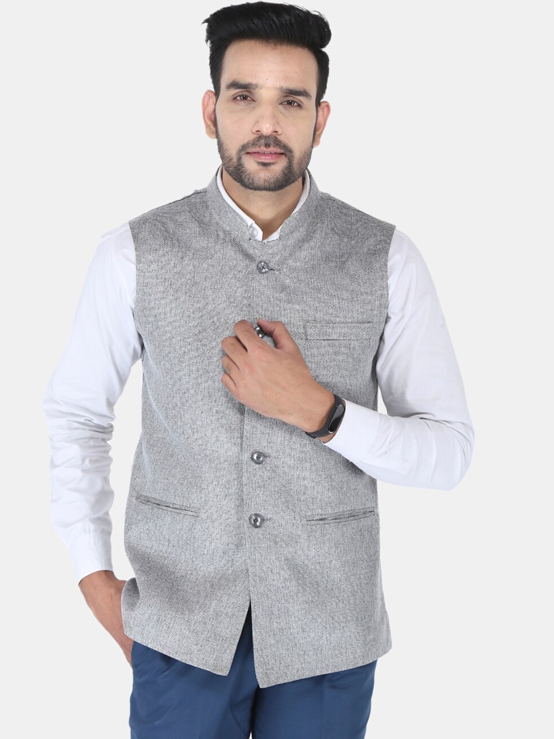 

UNCRAZY Men Grey Solid Jute Cotton Woven Nehru Jacket