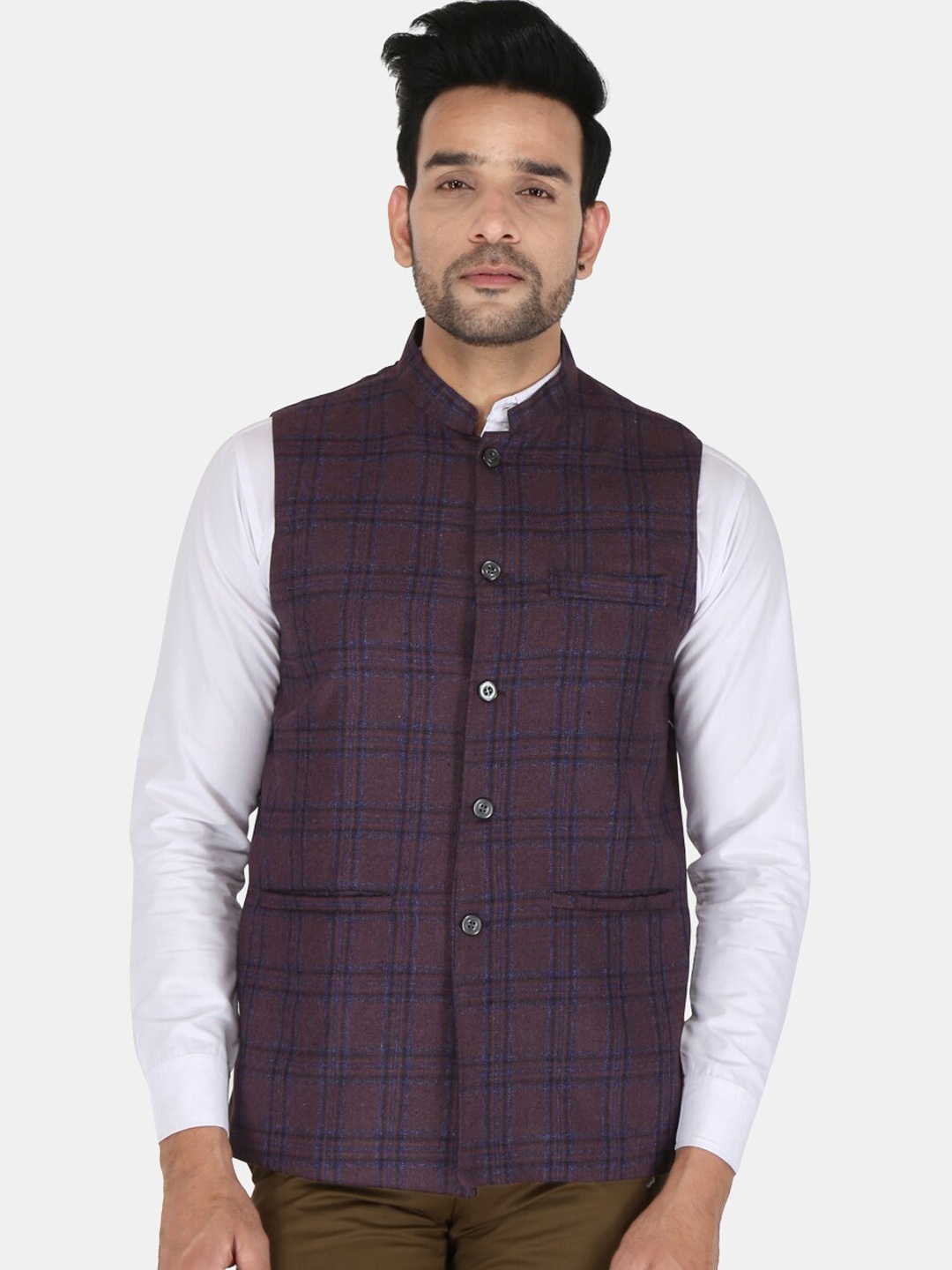 

UNCRAZY Men Purple Checked Woven Nehru Jackets