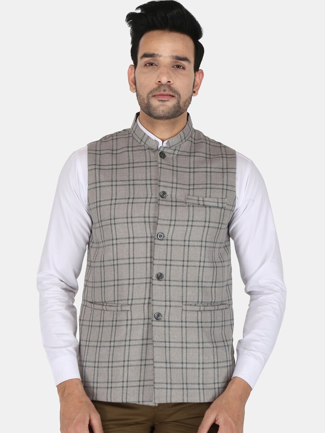 

UNCRAZY Men Grey Checked Nehru Jackets