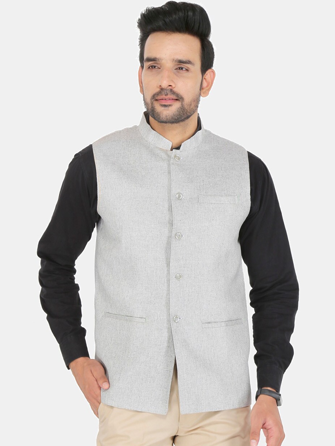 

UNCRAZY Men Silver Solid Jute Cotton Nehru Jackets