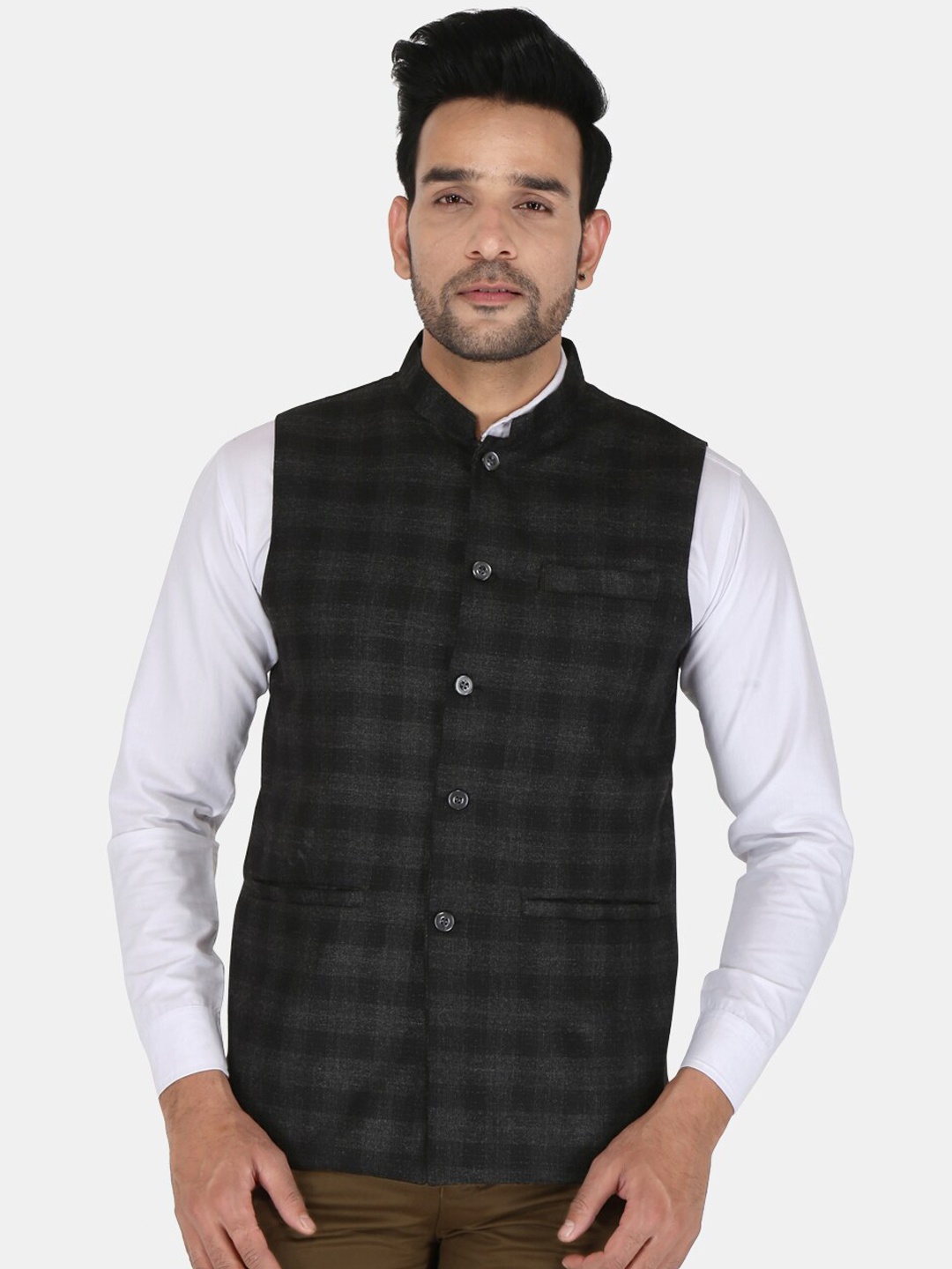 

UNCRAZY Men Charcoal Solid Woven-Design Nehru Jackets