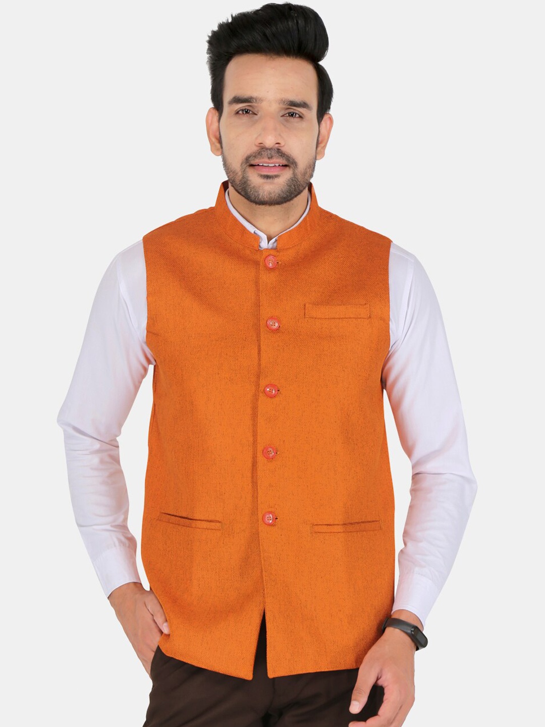 

UNCRAZY Men Orange-Colored Solid Jute Cotton Woven Nehru Jacket