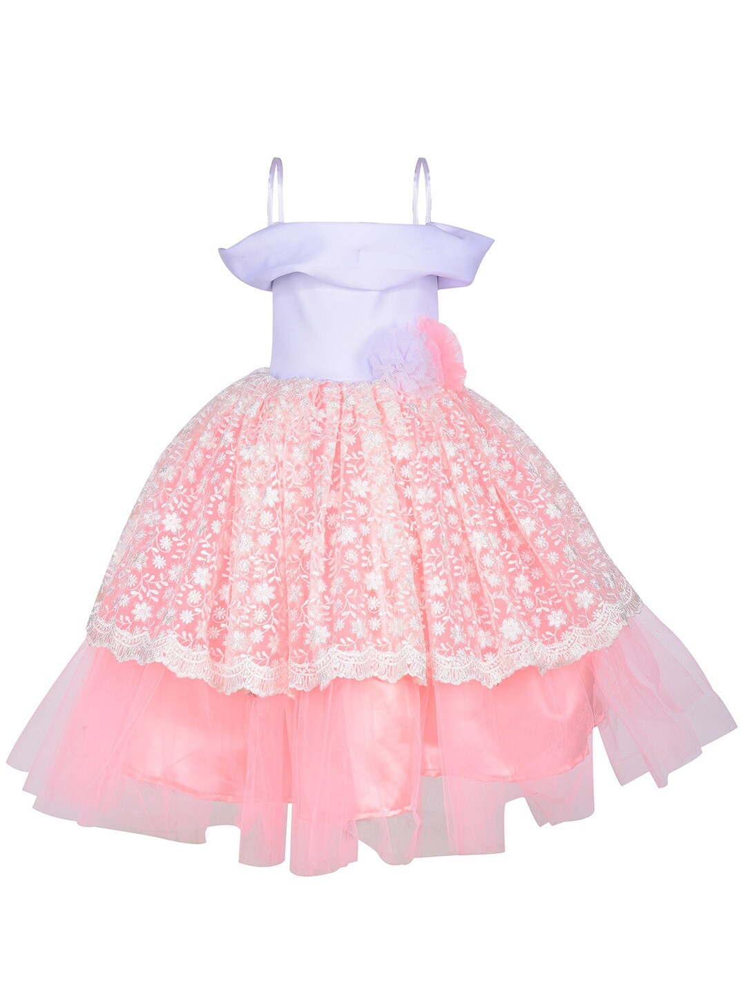 

Samsara Couture Girls Peach-Coloured & White Floral Embroidered Fit and Flare Satin Dress
