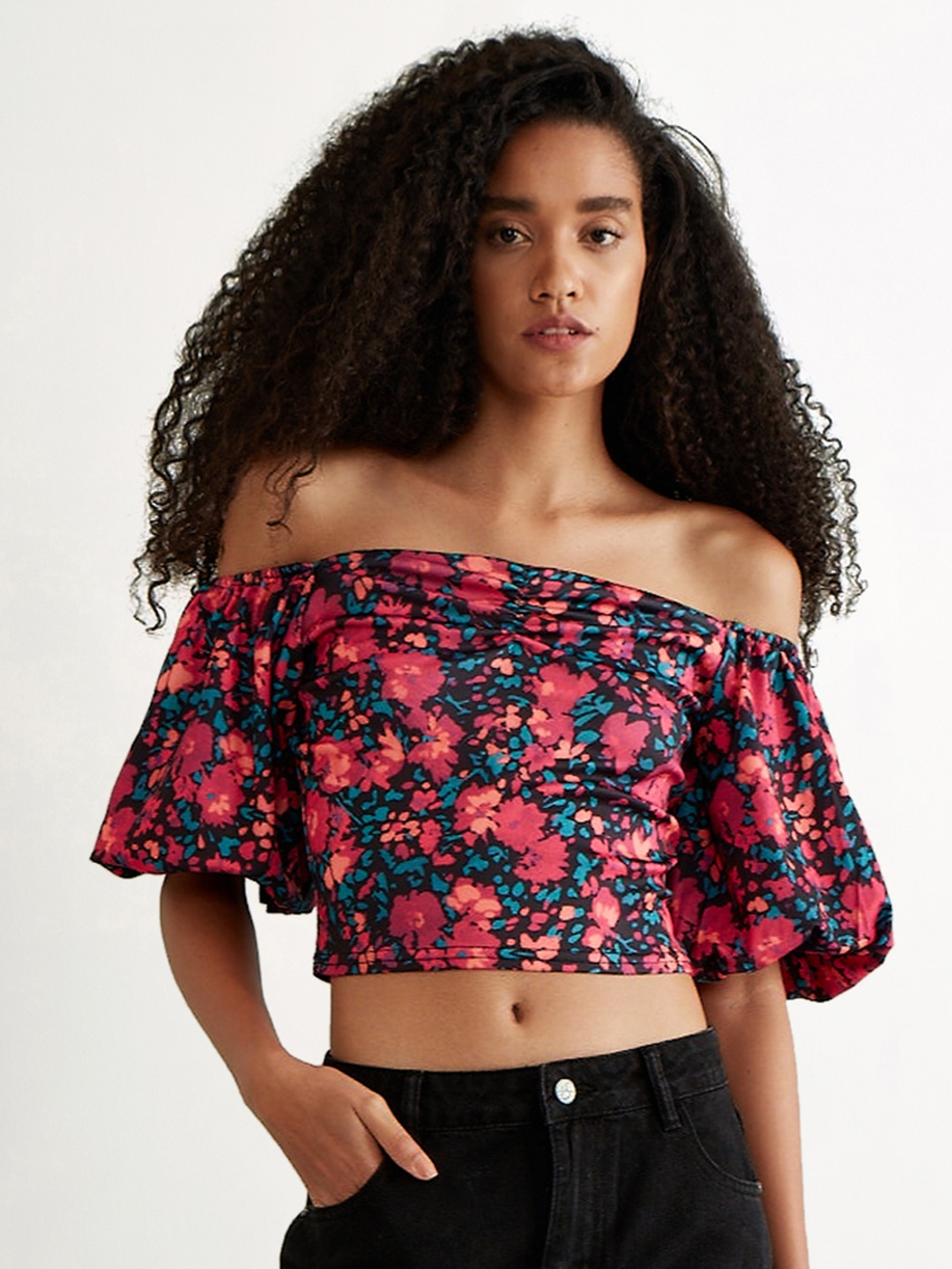 

COVER STORY Navy Blue Floral Print Off-Shoulder Bardot Top