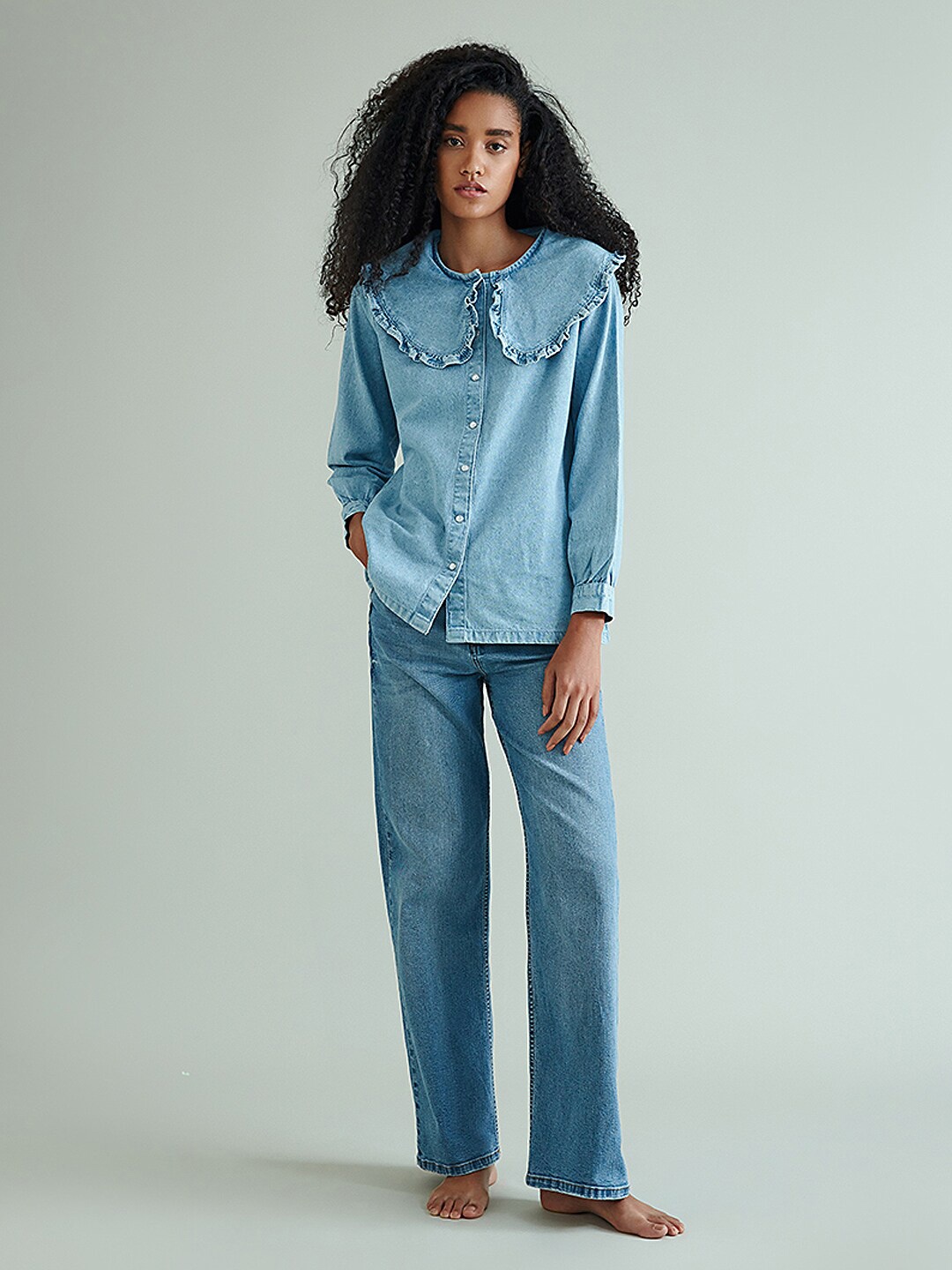 

COVER STORY Blue Denim Shirt Style Top